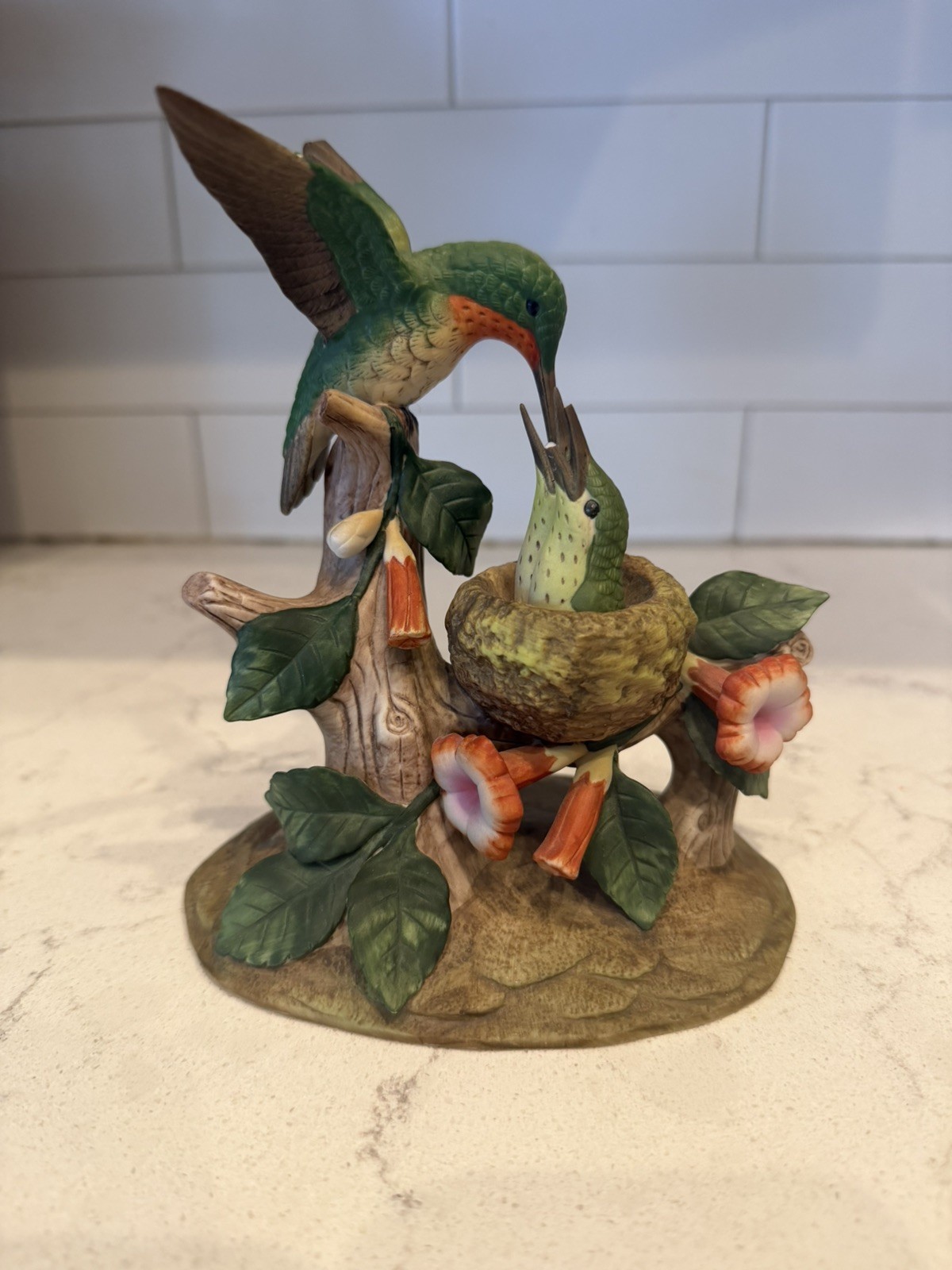 Andrea by Sadek Ruby Throated Hummingbird w/babies Porcelain Figurine