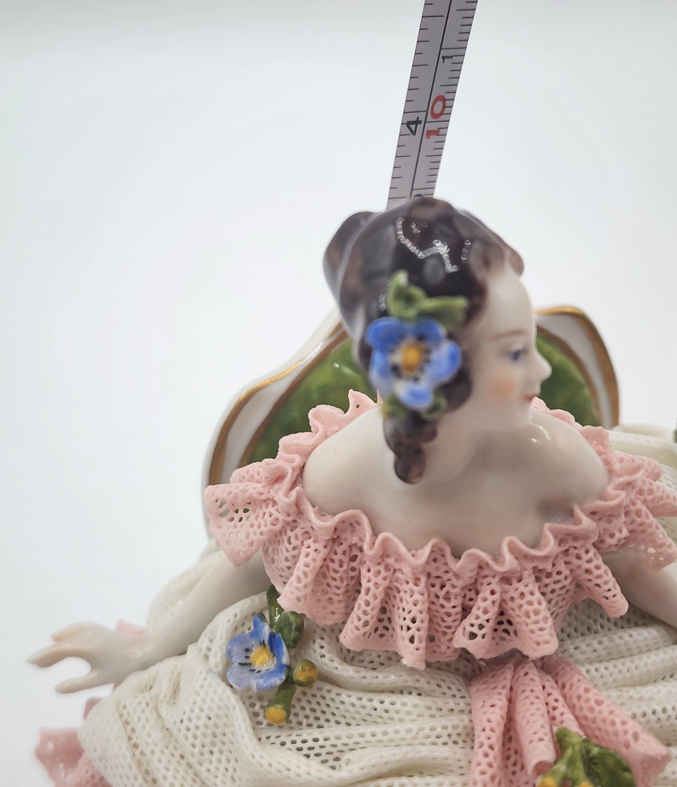 Antique German Volkstedt Dresden Lace Porcelain Figurine Lady On Sofa 5″× 5.5″