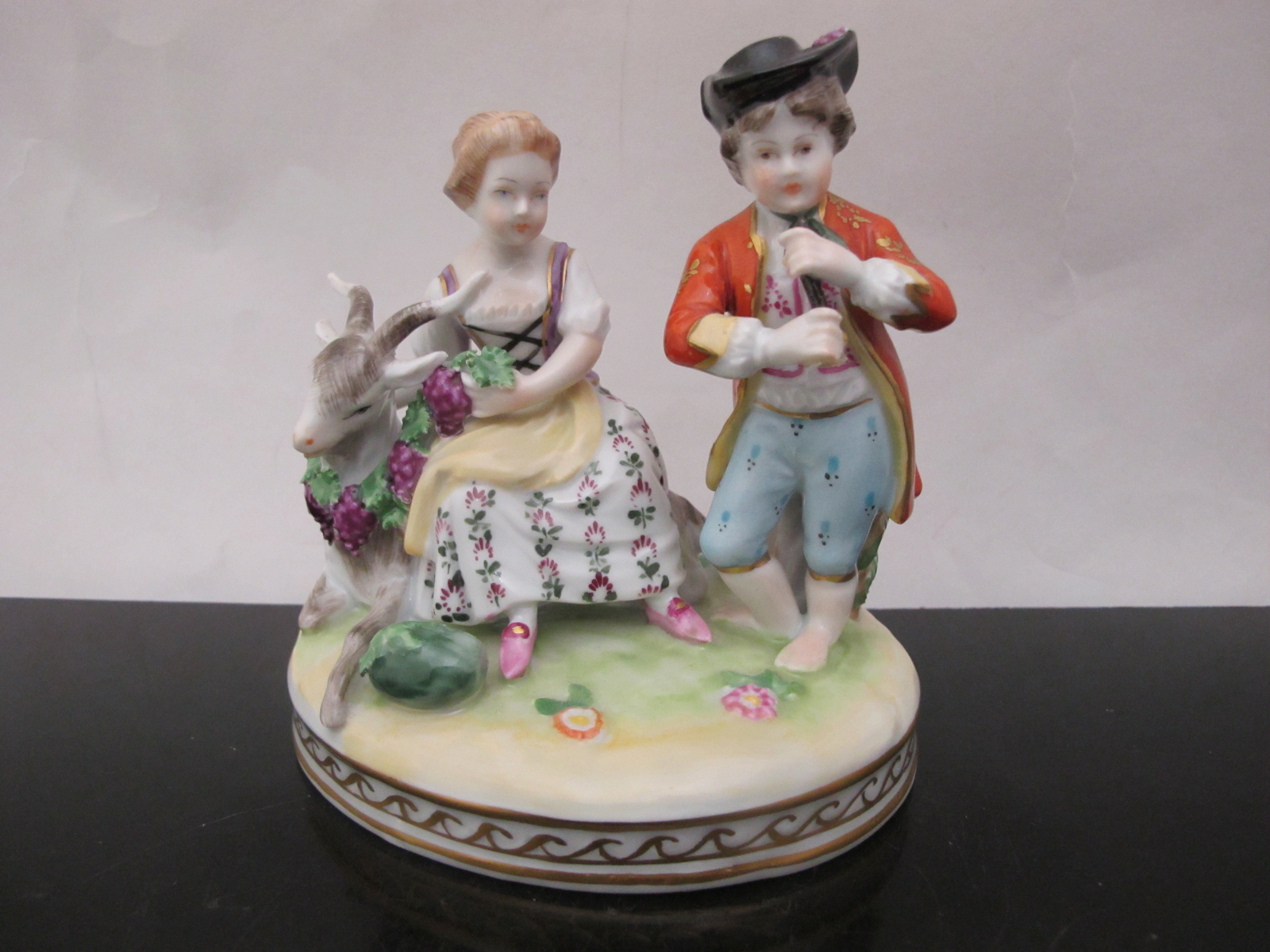 DRESDEN German Young COUPLE Boy with FLUTE & Girl with Goat Porcelain Figurine