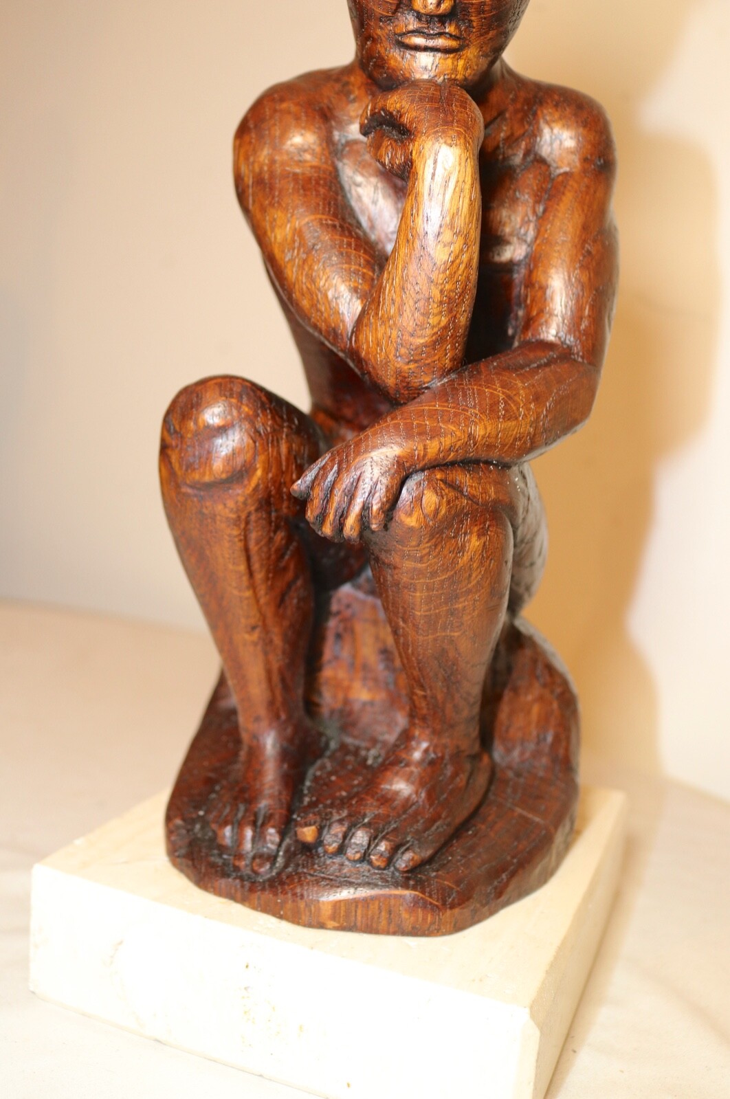 antique 1800’s Folk Art hand carved wood figural thinking man sculpture statue