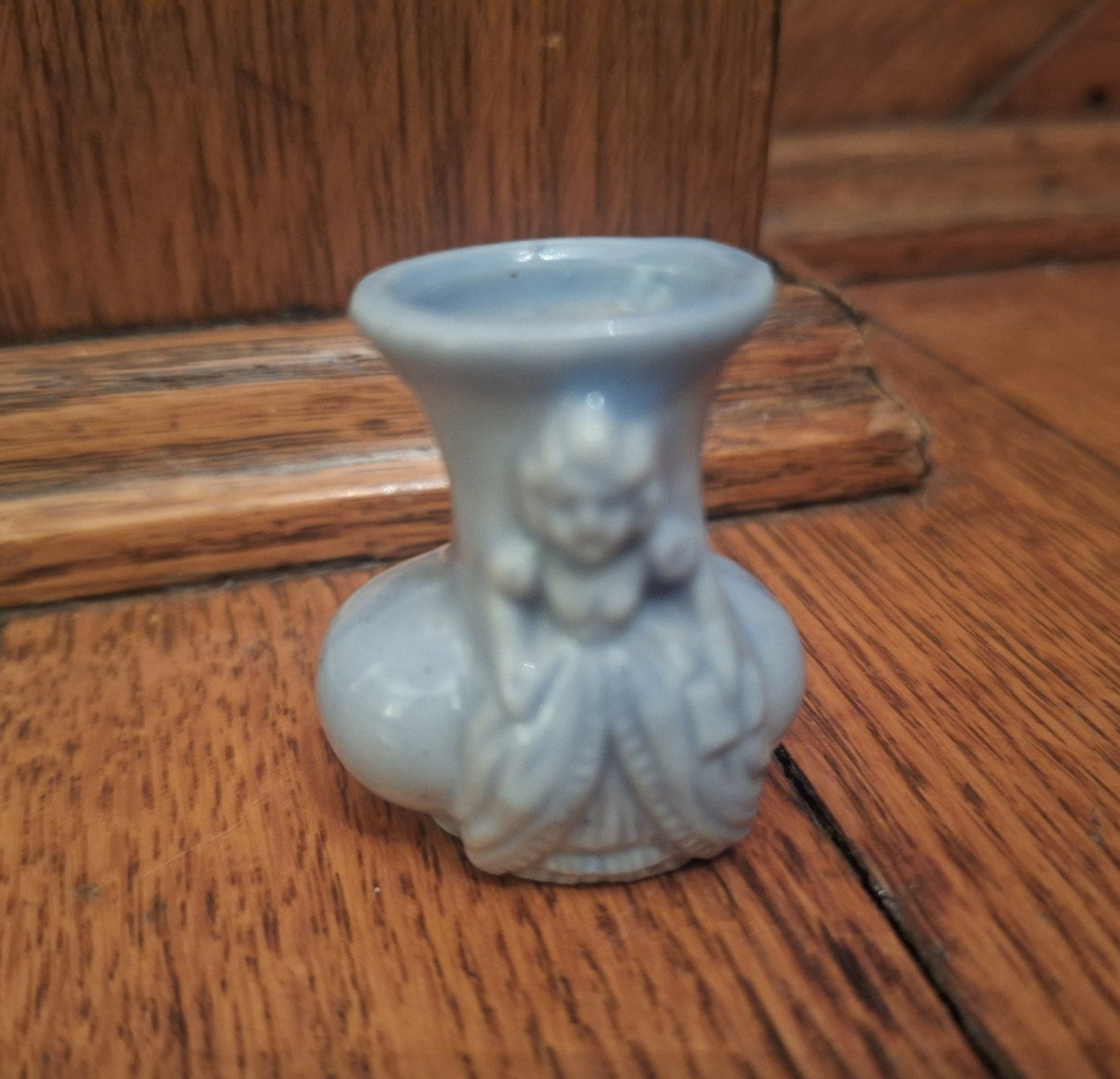 Vintage Colonial Lady in Gown Gray Blue Ceramic Miniature Vase Figurine Japan