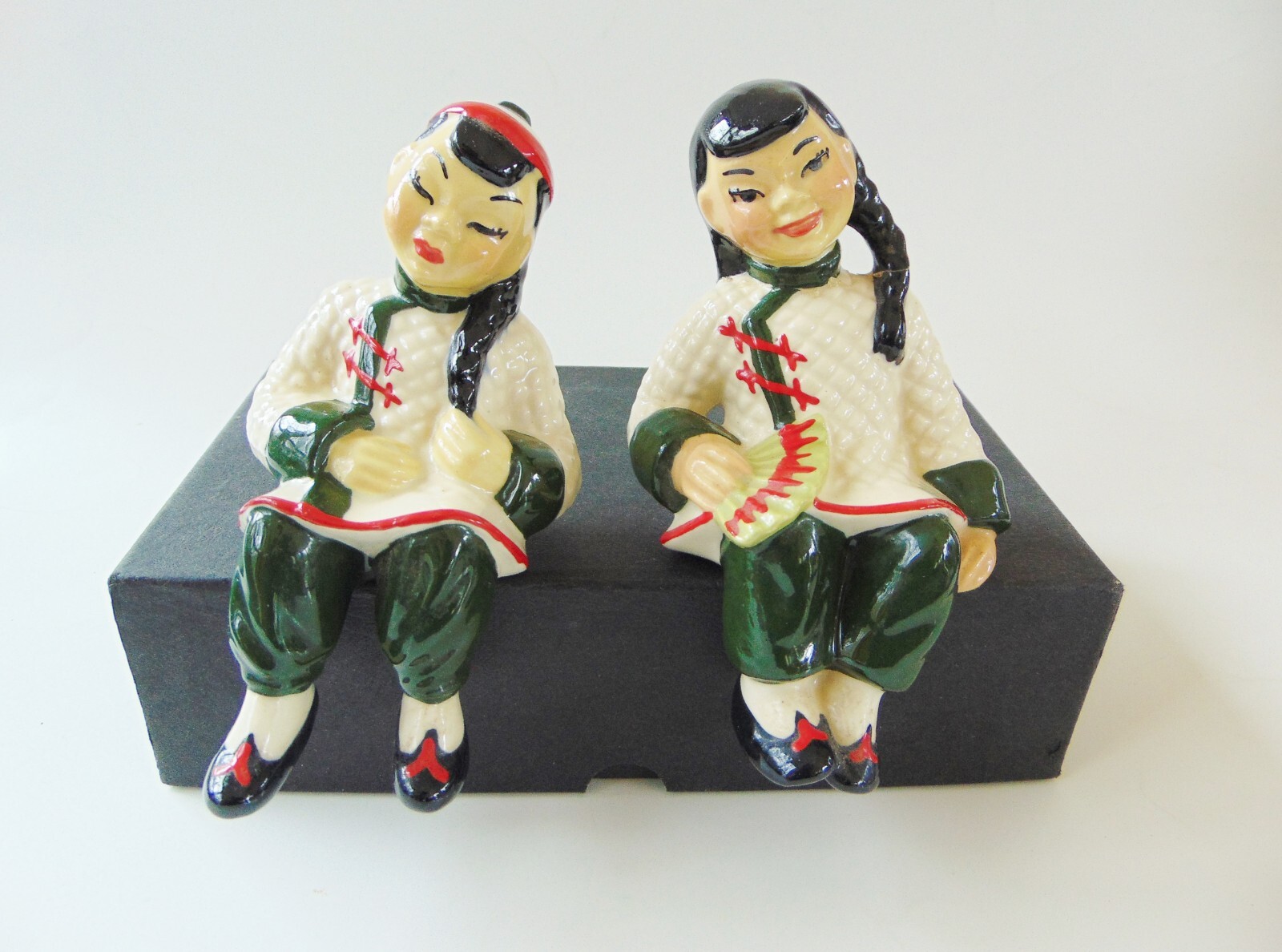 Pair of Vintage Ceramic Art Studio Shelf Sitter Figurines, Chinese Girls