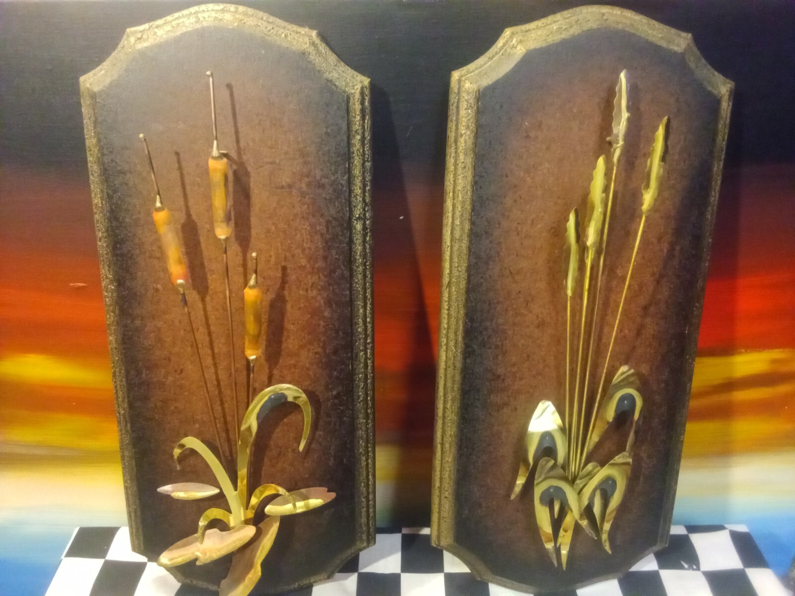 Cattail & Swamp Reeds Heat-treated Color Metal Wall Art on Wood Plaque Set of 2