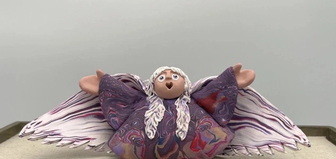 Angel Ornament polymer clay purple whimsical Holiday Handmade JDS Xmas Vintage