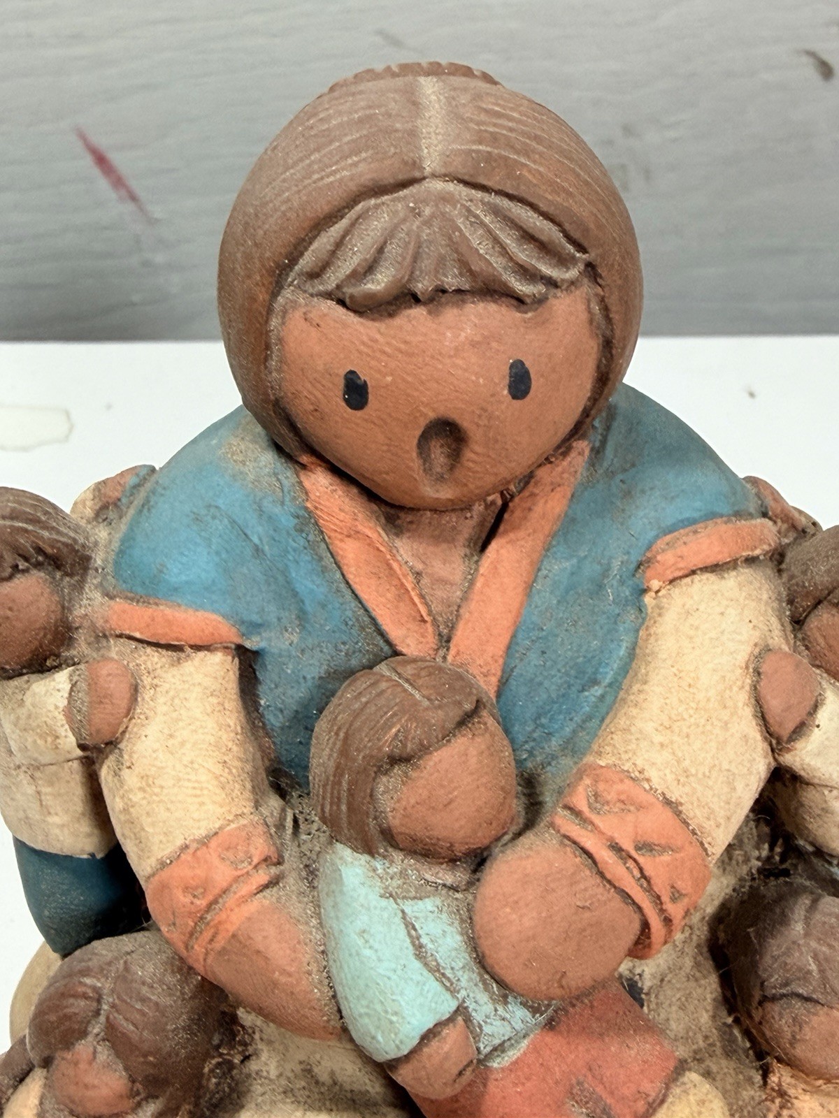 Vintage Singing Woman With 5 Kids Folk Art Figurine Pottery Hand Painted