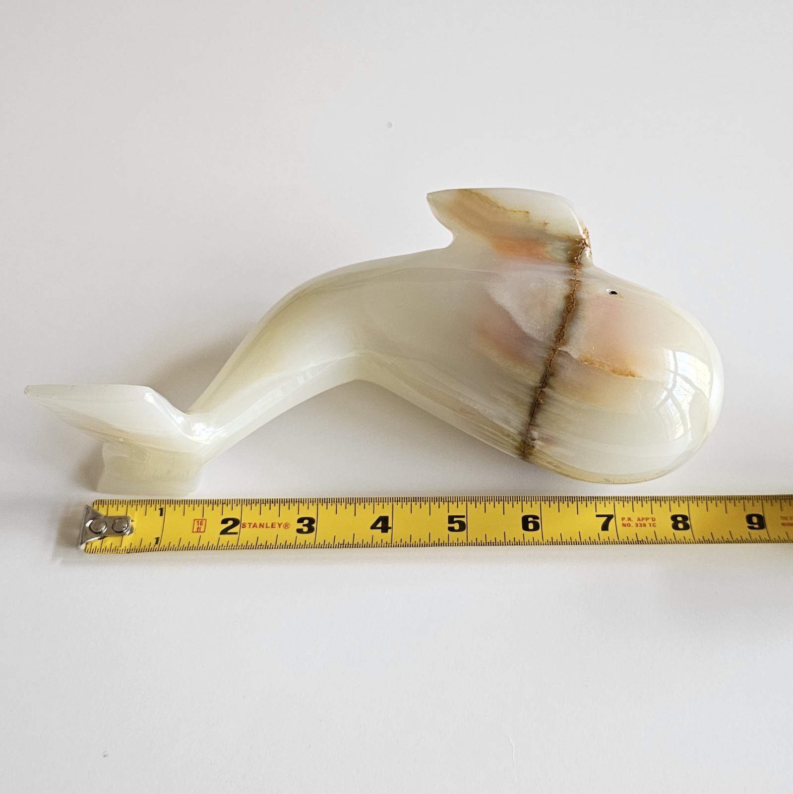 Vintage Polished Onyx Whale Figurine – Mid-Century Modern Stone Sculpture – 9″