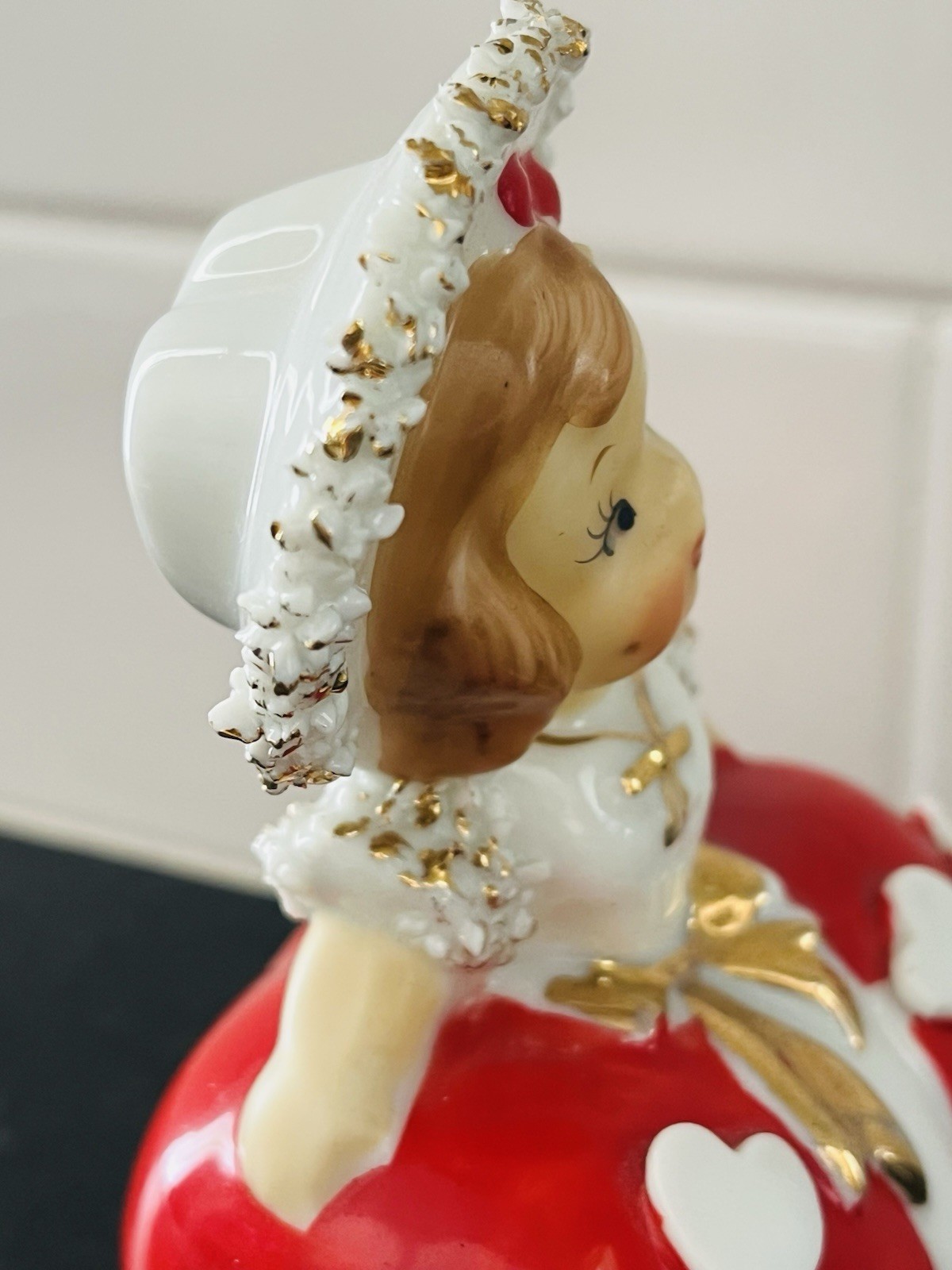 Vintage Lefton Valentine Ceramic Girl Bell Figurine Red Hearts Spaghetti Trim 4″