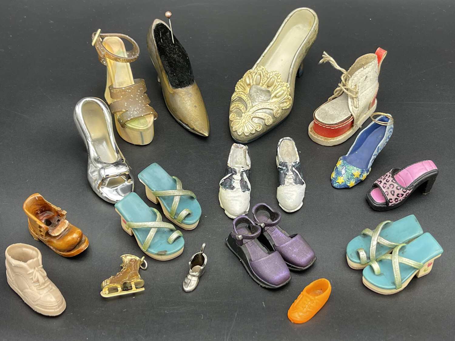 Miniature Shoe Collection LOT OF 20, Ceramic, Plastic, Wood, Fabric, Metal Shoes