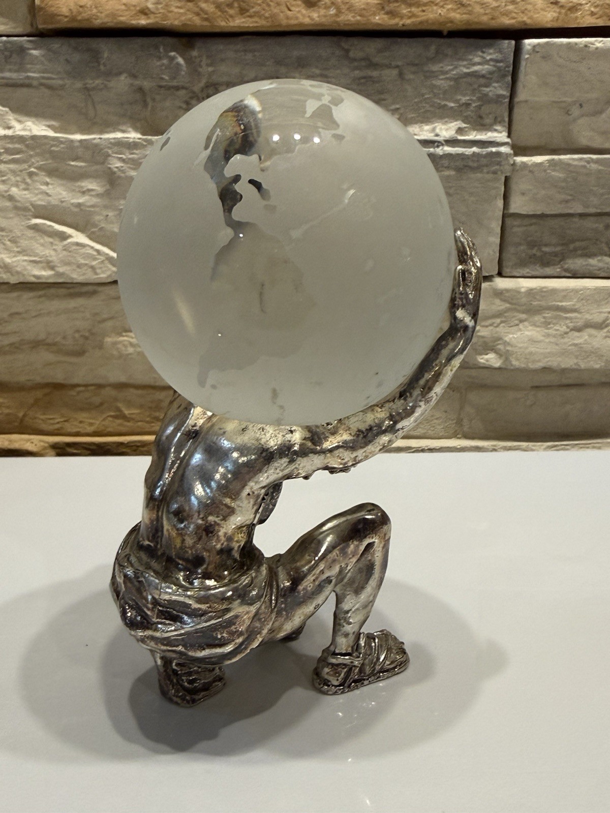ATLAS SCULPTURE FIGURINE HOLDING SOLID FROSTED ORB GLOBE VINTAGE SILVER TONE
