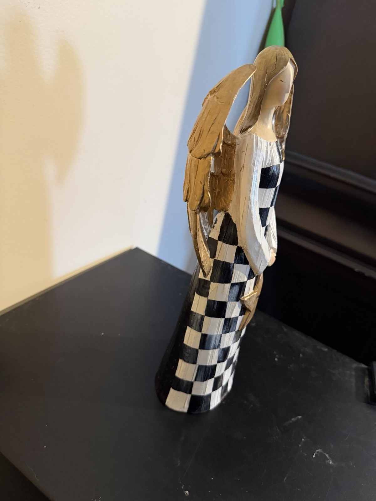 Hand Painted Resin Angel Figurine Painted Black White Checkered Gold Wings