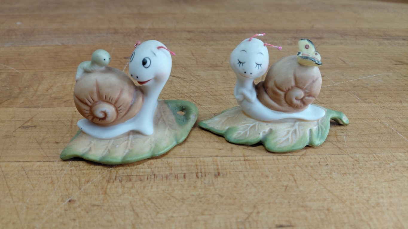 Homco Ceramic Snail on Leave Figurines. Set of 2. Accents, Butterfly & Inchworm