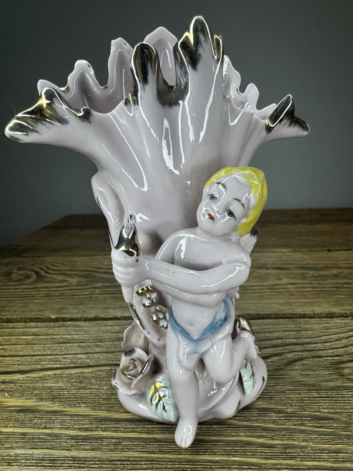 Vintage Porcelain Cherub Vase Ruffled Lustre Rim Silver Gold Angel Figurine