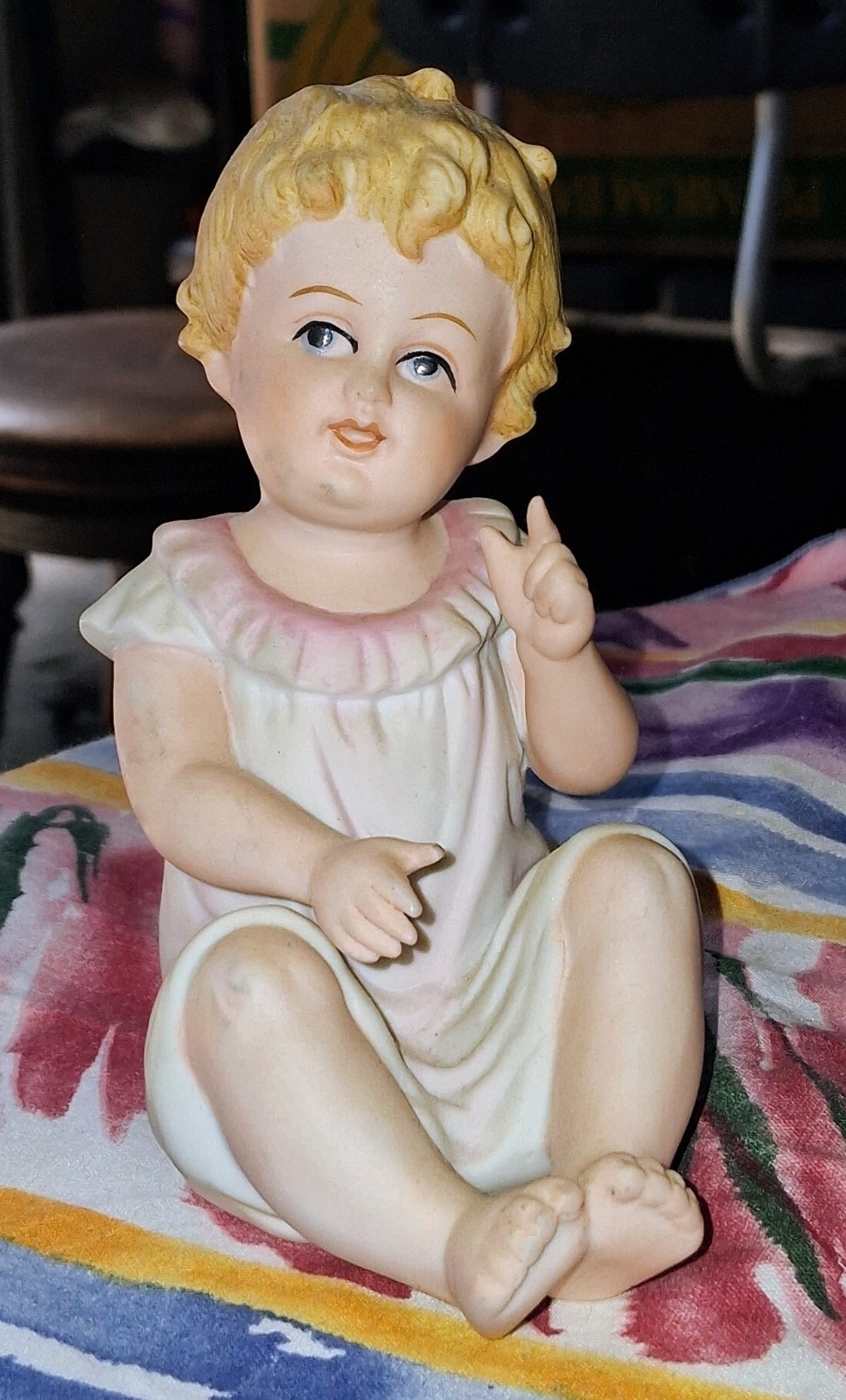 Vintage Bisque Porcelain Sitting Piano Baby Girl #7534 Andrea by Sadek Japan 5″