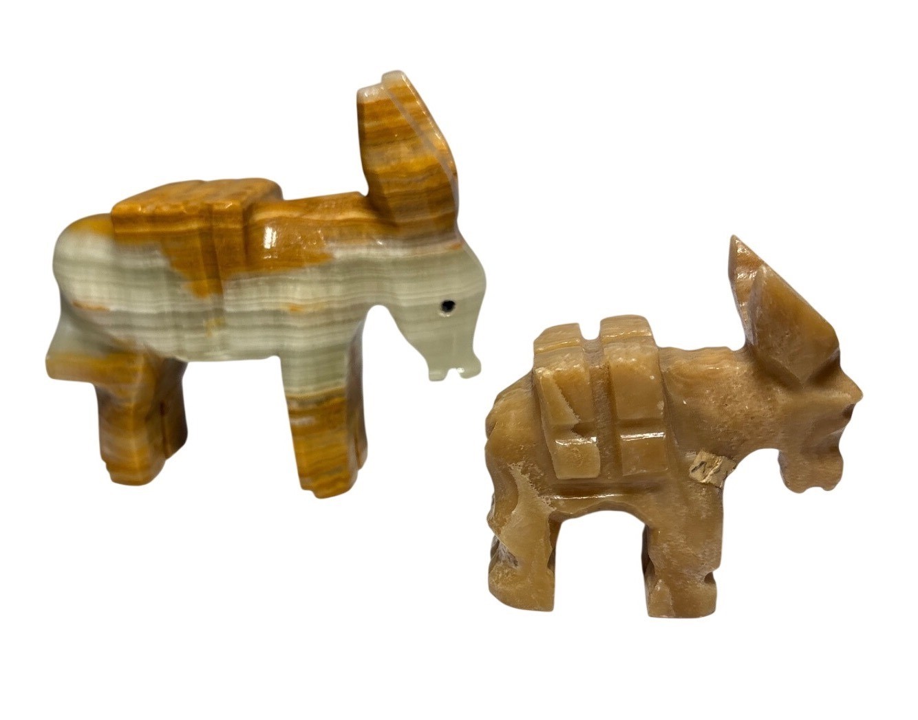 Carved Onyx Donkey Burro Figurines Set Of 2 Orange Beige Striped Vintage