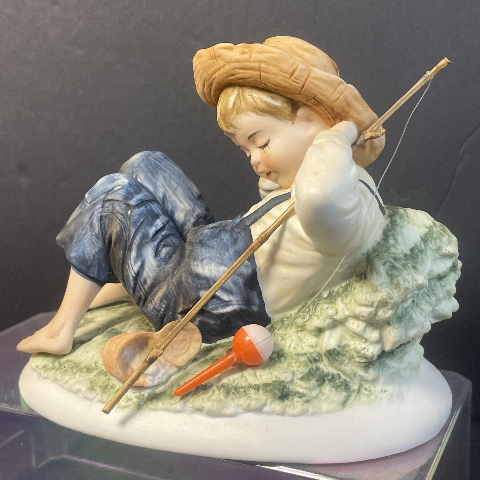 Lefton Bisque Figurine KW3839 Napping Barefoot Boy Fisherman In Overalls Vintage