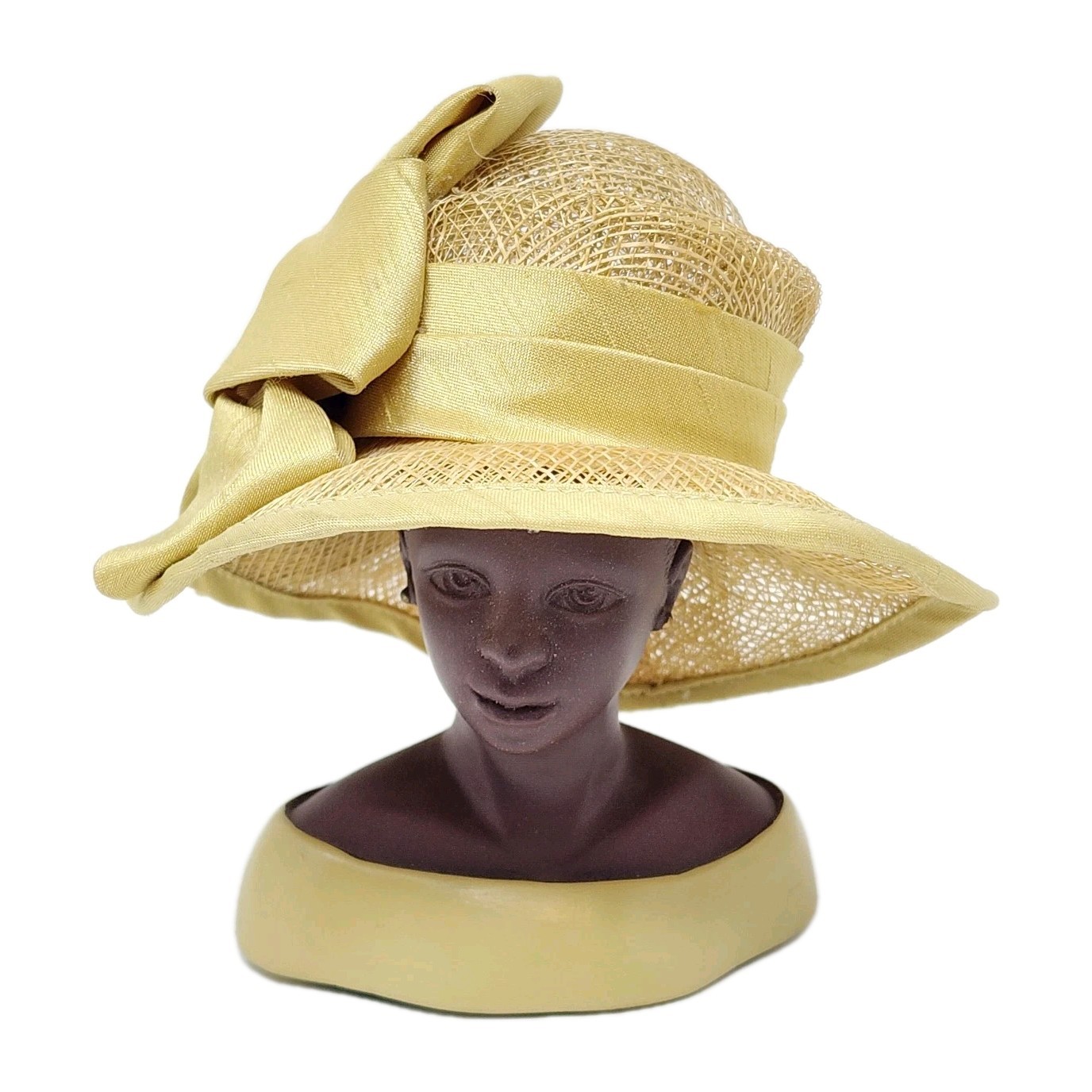 Harriet Rosebud Miniature Designer Hat With Bust Beige Straw Hat w/ Ribbon