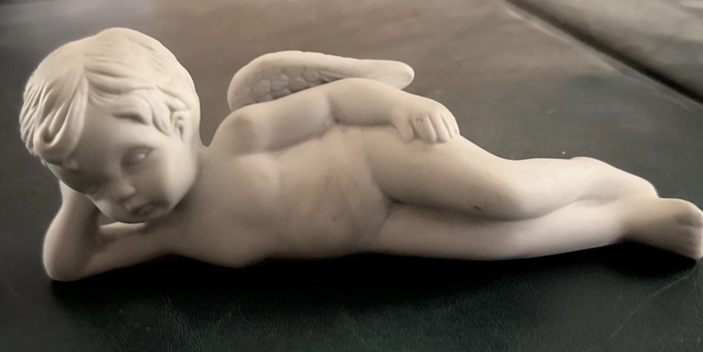 Vintage Bisque Porcelain Laying Cherub Made in Philippines 9″ Long