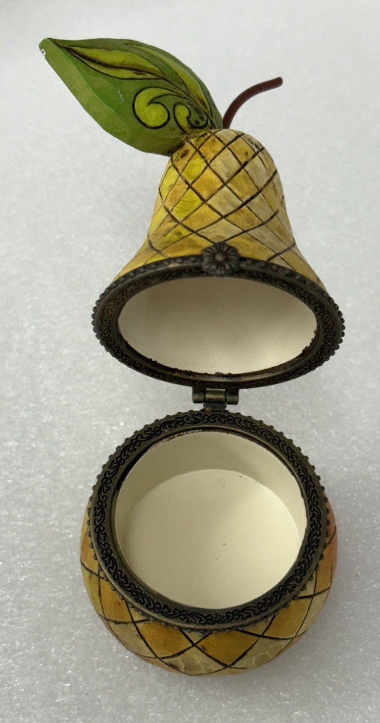 Jim Shore Designs 2006 Heartwood Creek Quilted 4″ Hinged Golden Pear Trinket Box