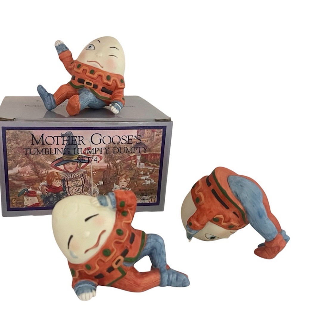 Vintage Mother Goose Shafford 3” Tumbling Humpty Dumpty Set 4 Figurines No. 1900