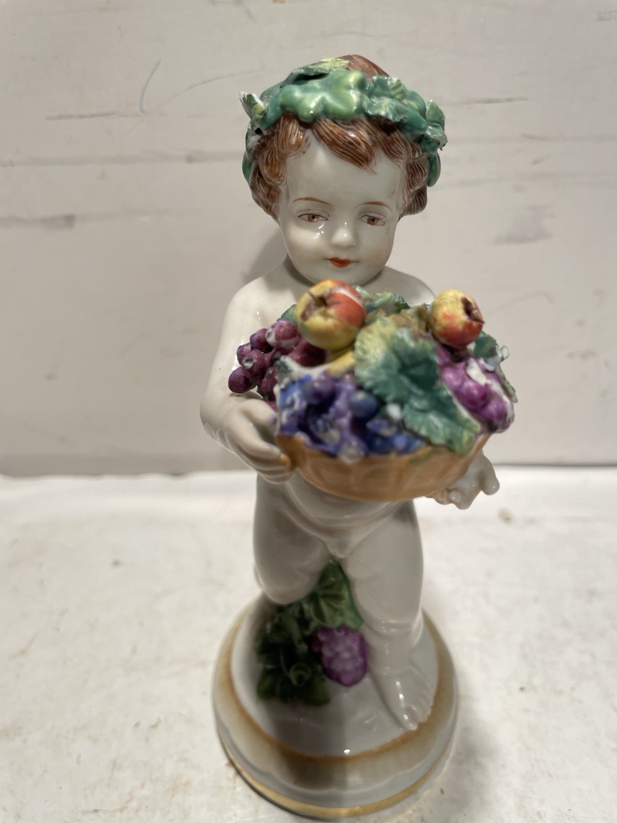 Antique Muller Volkstedt Porcelain Cherub Figurine Holding Fruit Basket J