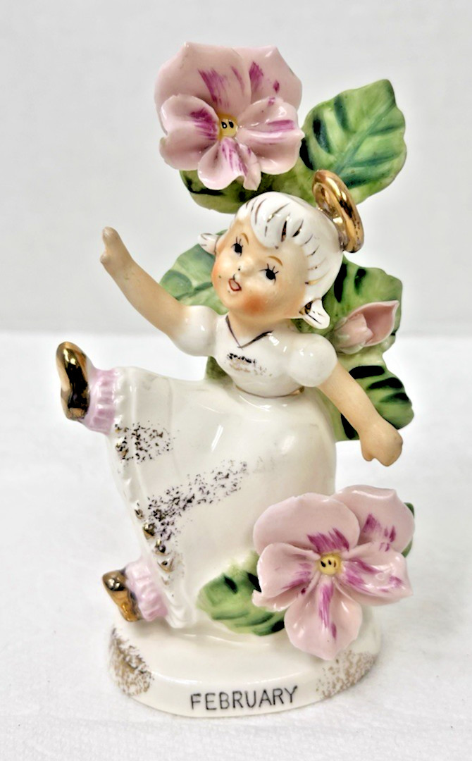 VTG 1956 Lefton Angel of the Month Figurine February Girl W Flowers Signed