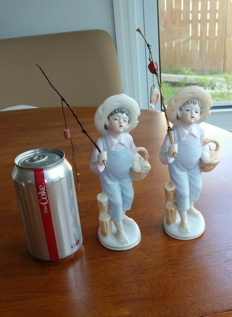 2 UCAGO FISHING BOYS ORIGINAL POLES VINTAGE JAPAN BISQUE HAND PAINTED EX COND