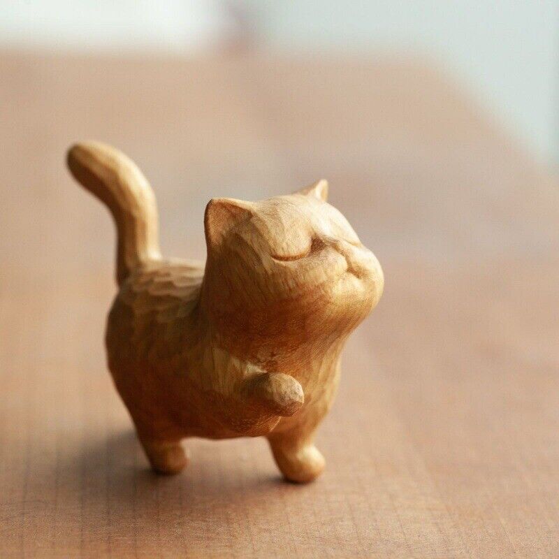 1PC Cat Statues Home Decor Wooden Sculpture Hand Carved Craft Cute Cat Statue