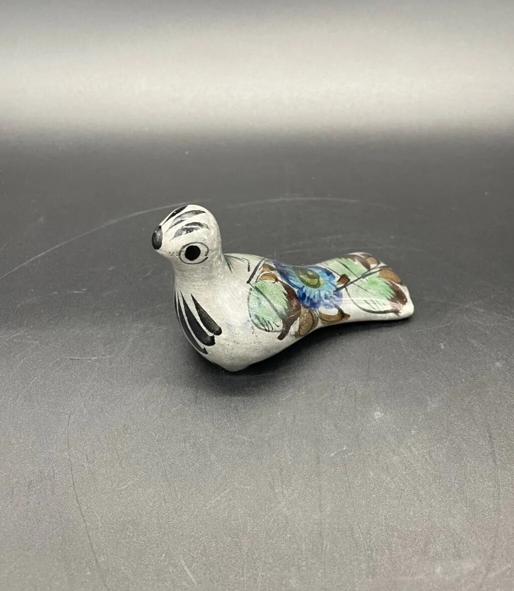Vintage Bird Figurine Tonala Mexico Art Pottery Floral Dove Gray Blue Flowers