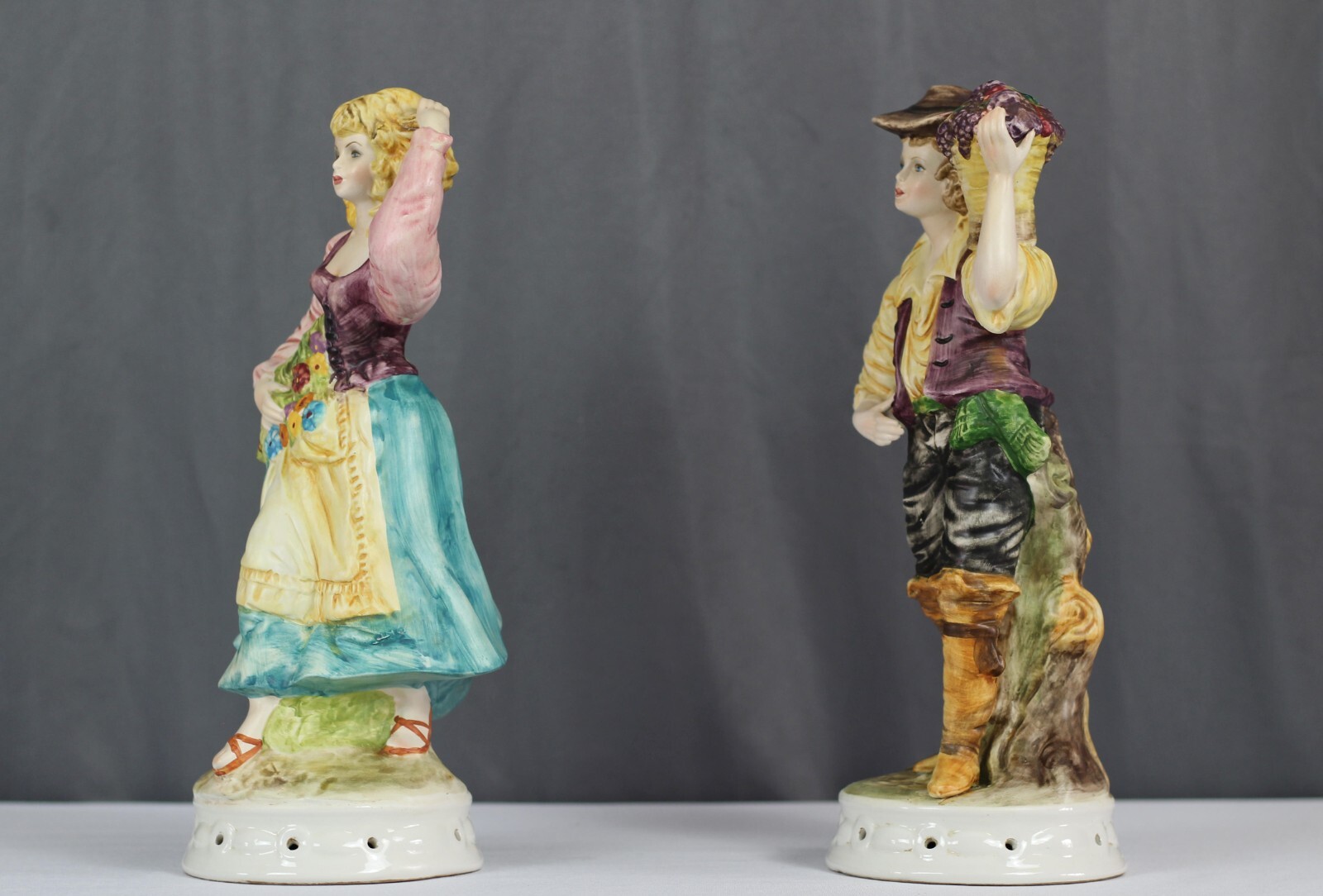 14″ Italy porcelain figurines, Man & Woman w flowers & grapes Capodimonte style