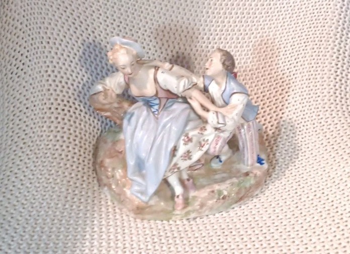 Antique Royal Crown Derby Rococo Scene Man Courting Woman Porcelain Figurine