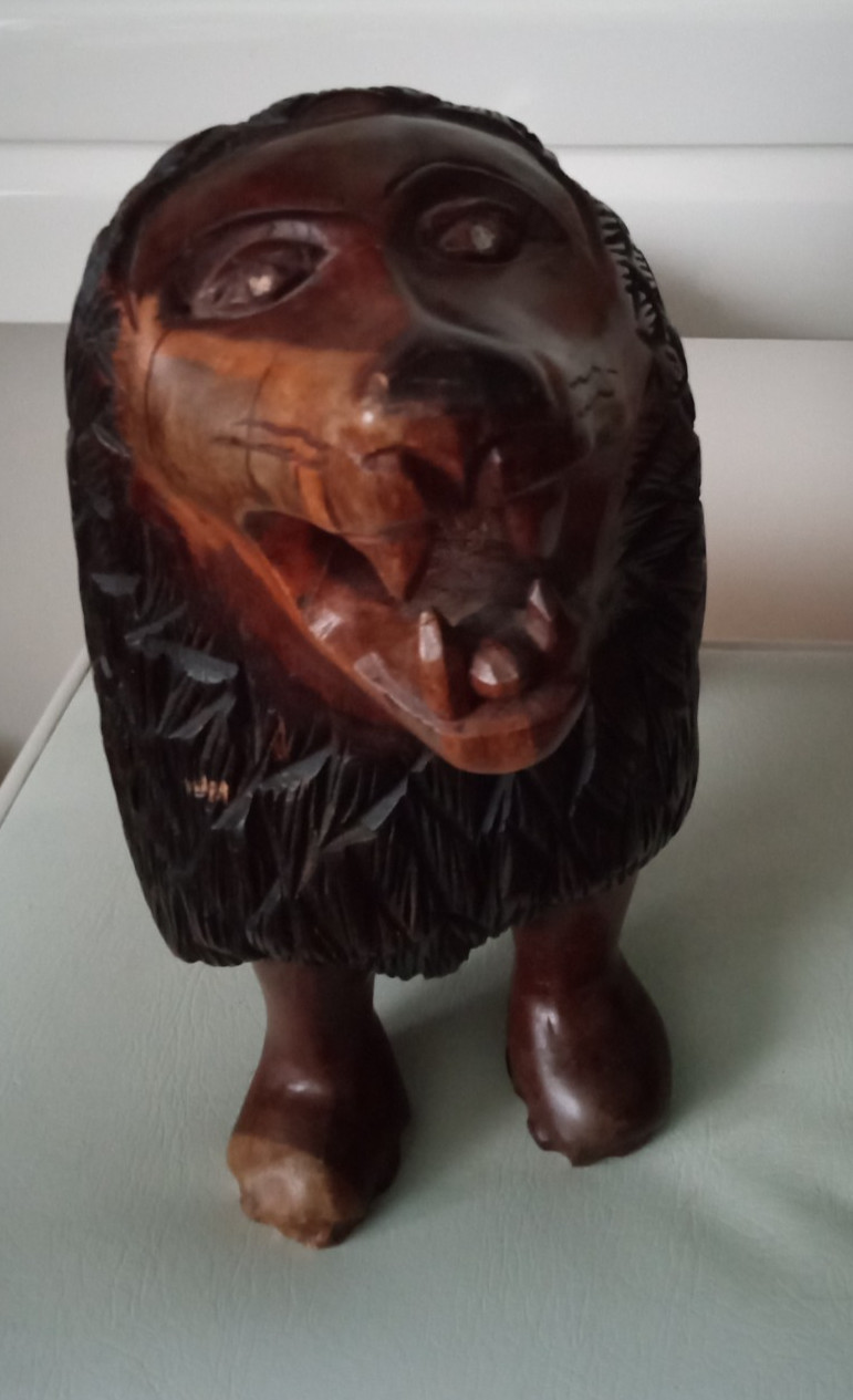 Vintage Heavy Hand-Carved Wooden Lion Statue Sculpture