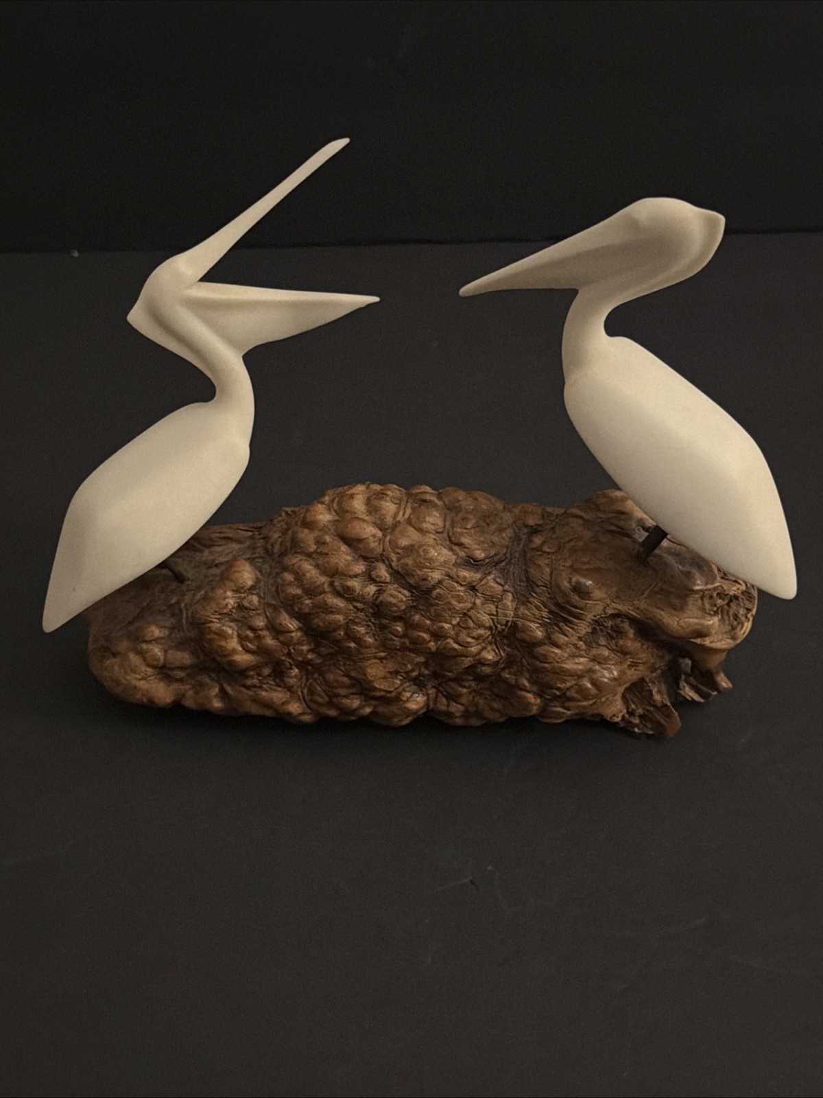 John Perry Pelican Sculpture Burlwood Base Vintage Wildlife Art Pair Sea Decor