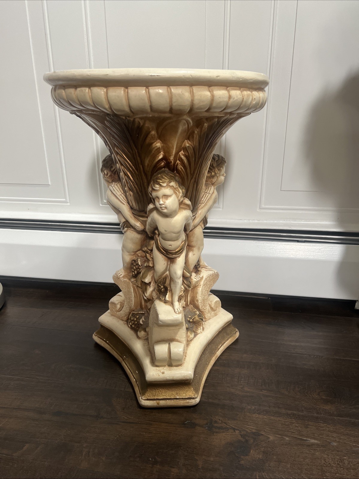Vintage 20.5 Plaster Cherub Pedestal Stand 13” Top