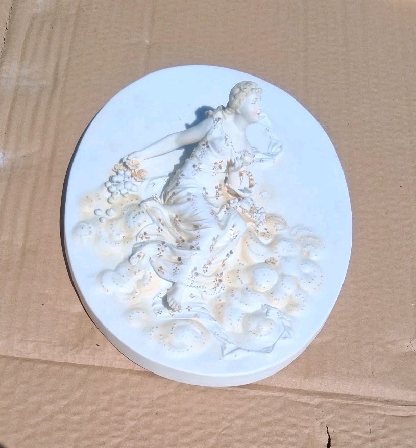 Porcelain Bisque 3D Wall Plaque. Handpainted Lady With Pearl/Stone Inlays. 9″x7″