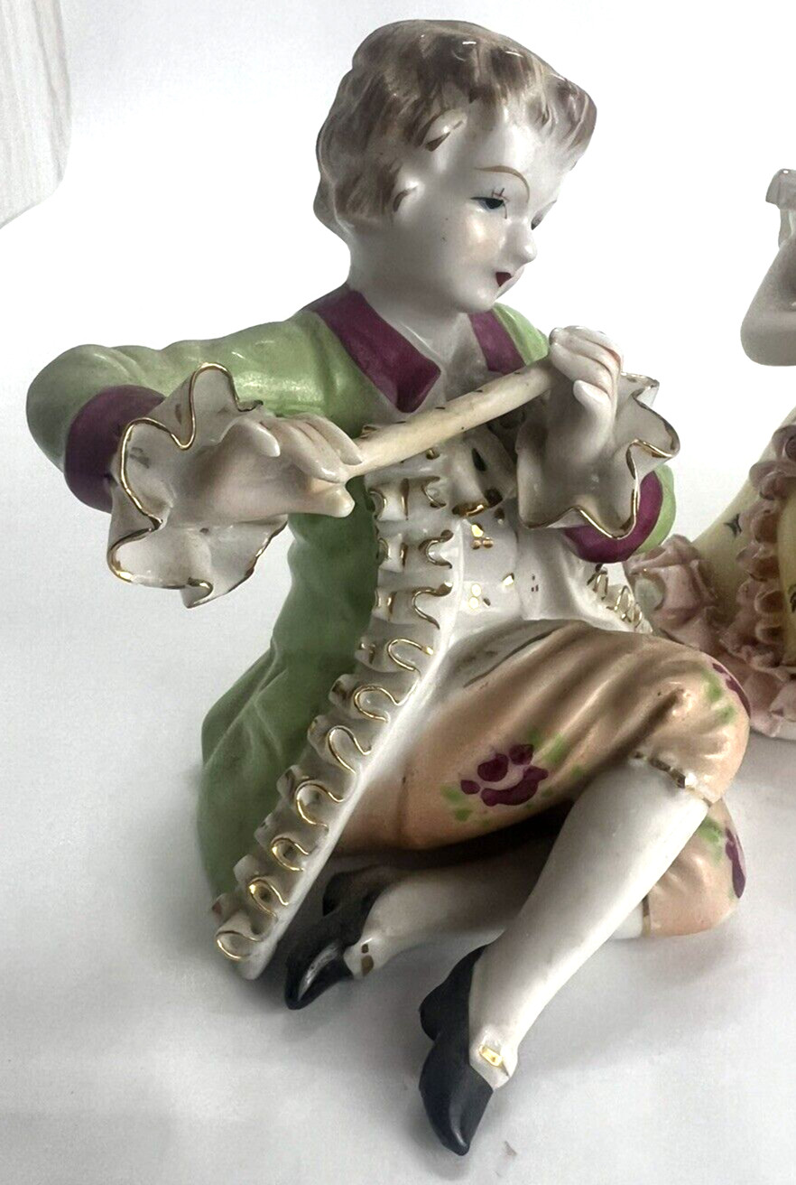 Vtg Set of 3 Porcelain Hand Painted Victorian Musical Figurines Thames Mandolin