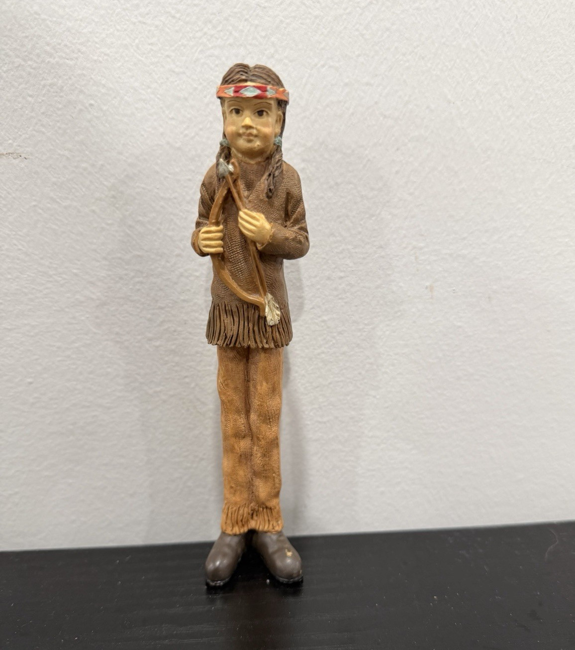 Hand-Carved Hand-Painted Wood Native American Figurine, Brown Tan Red, 6 in