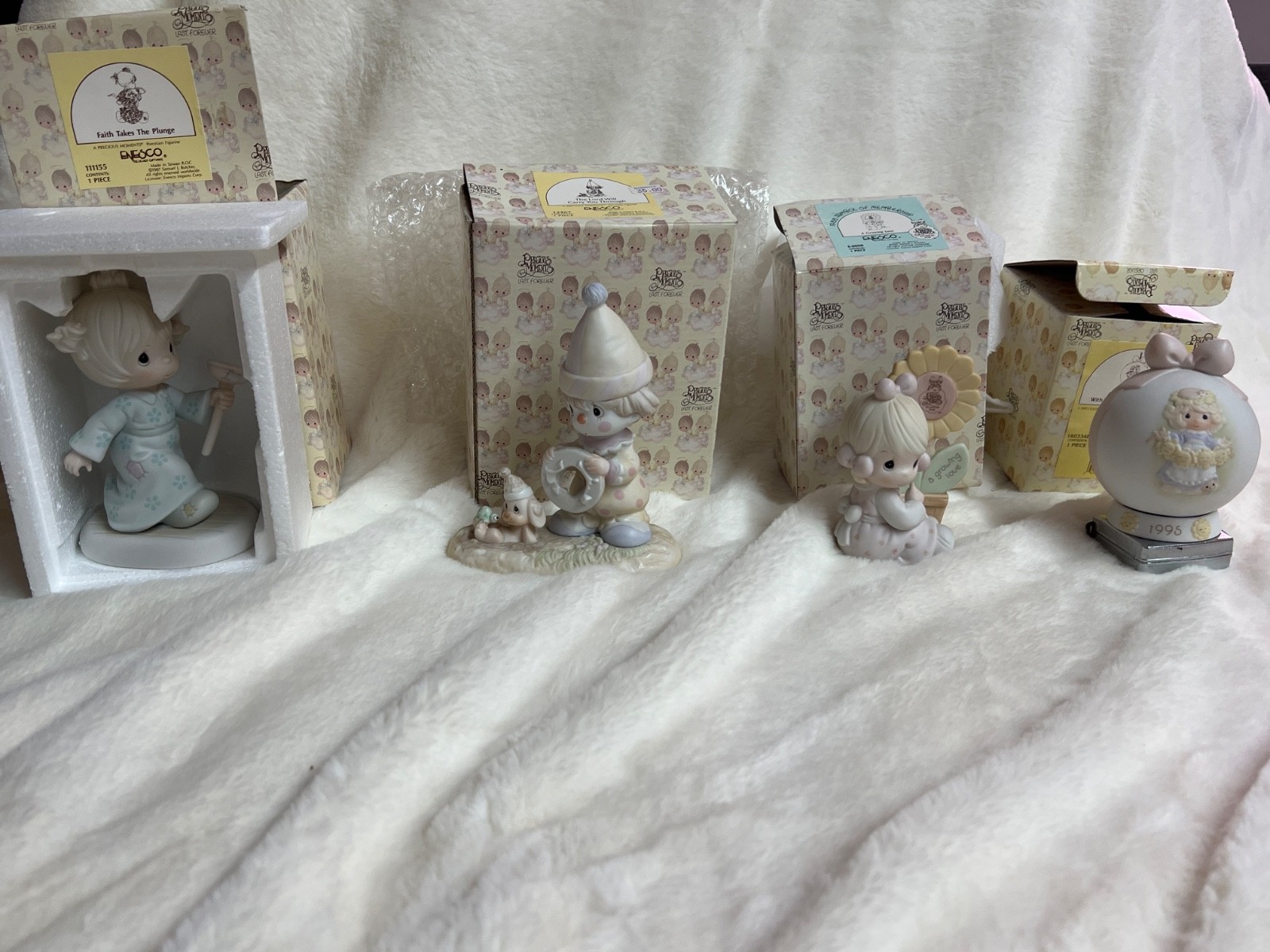 Group of 4 precious moments, “last forever” porcelain figurines