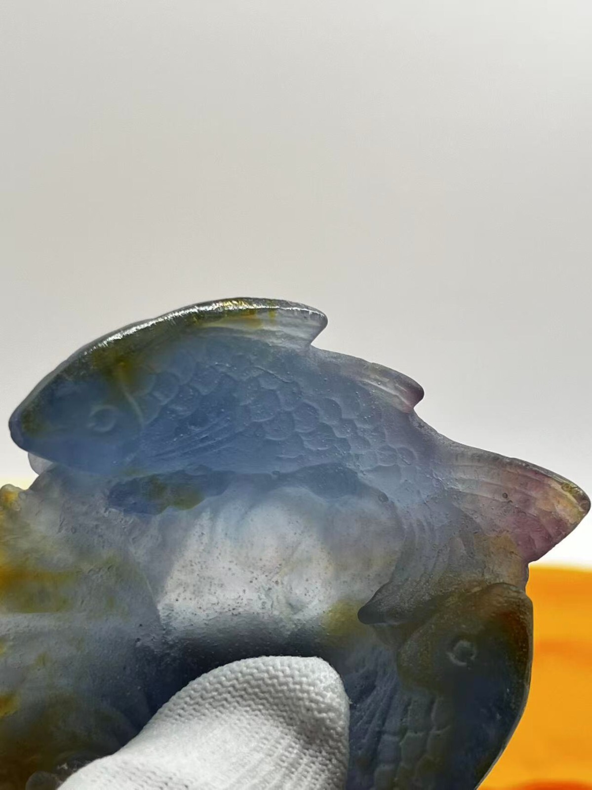 Daum France Pate de Verre Art Glass Small Fish Bowl / Pisces Gift w/ Wooden Box
