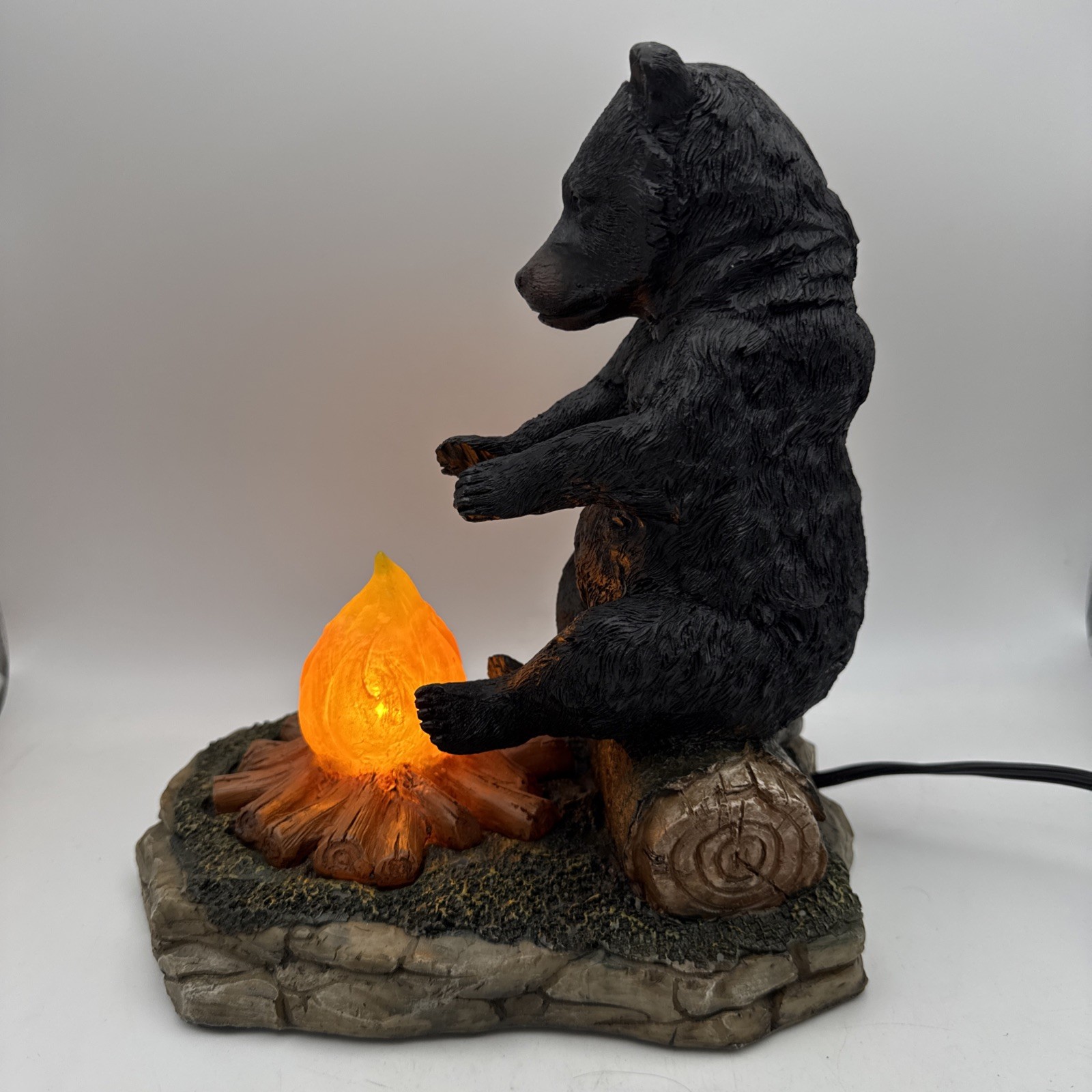 Ebros Rustic 10” Black Bear On Log Warming Paws By Campfire Night Light Statue