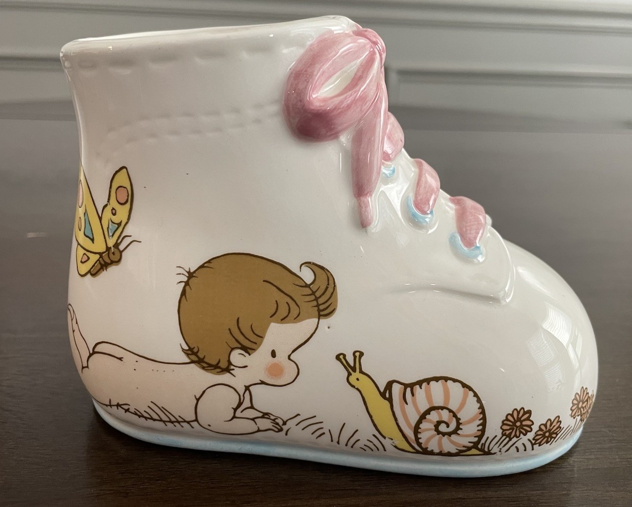 Vintage Wolfpit Enterprises 1976 Ceramic Baby Shoe Butterfly Snail Child Motif