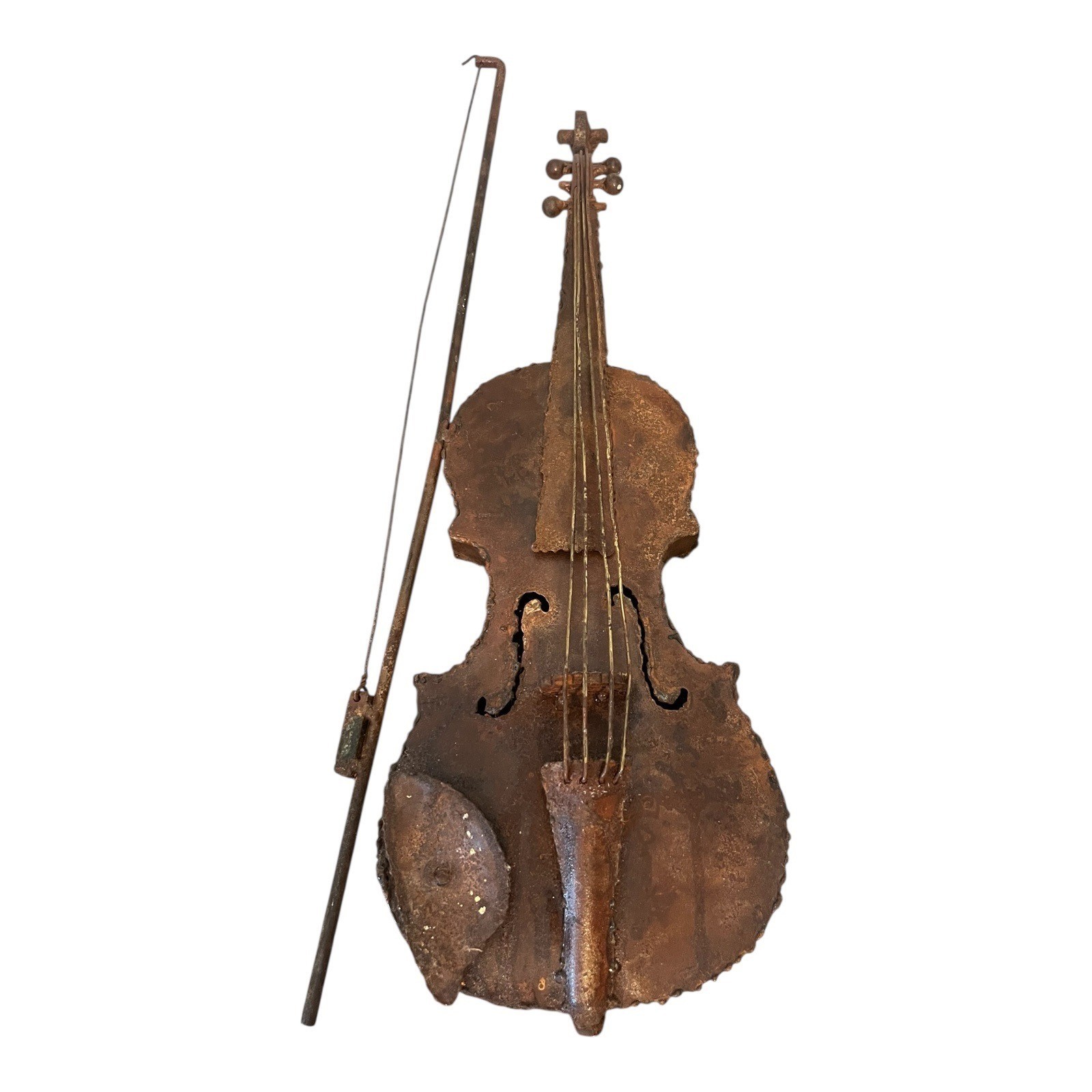 Rustic Vtg Violin Wall Art 21.5″ Tall Bow Distressed Metal Design Musical Studio