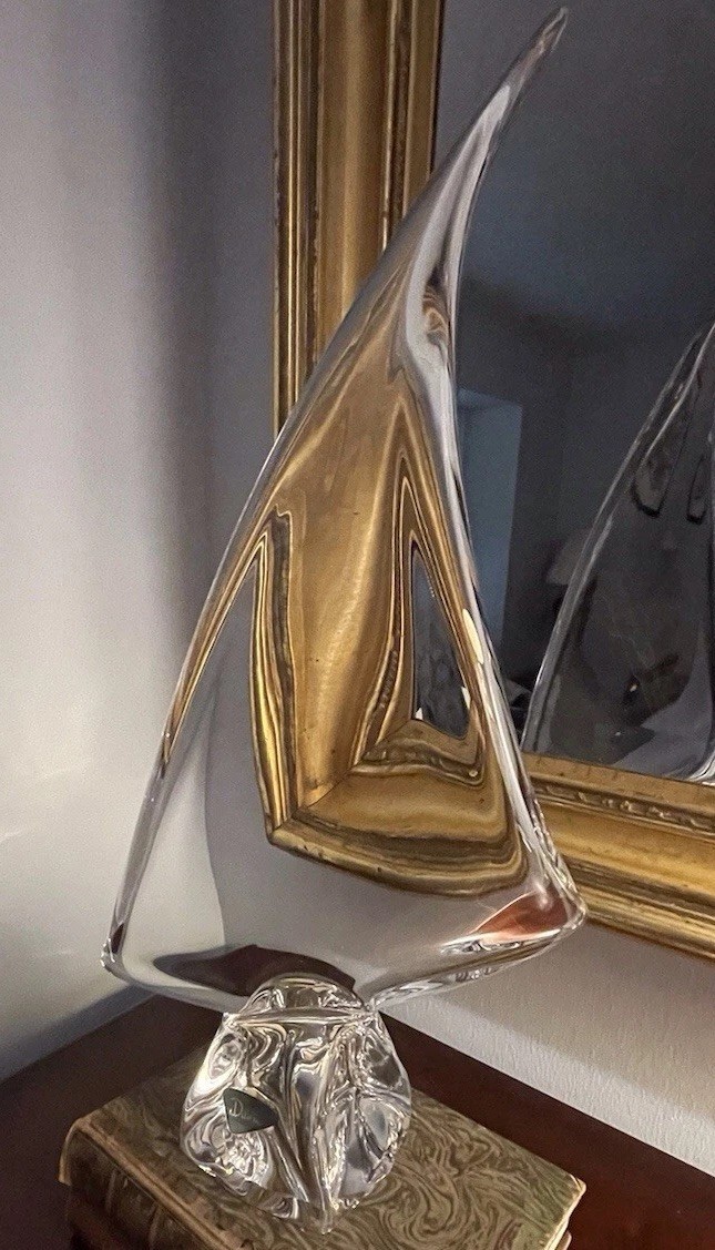 Daum Crystal Sail Sculpture, Label & Signature -Base 21h x 11” Perfect Condition