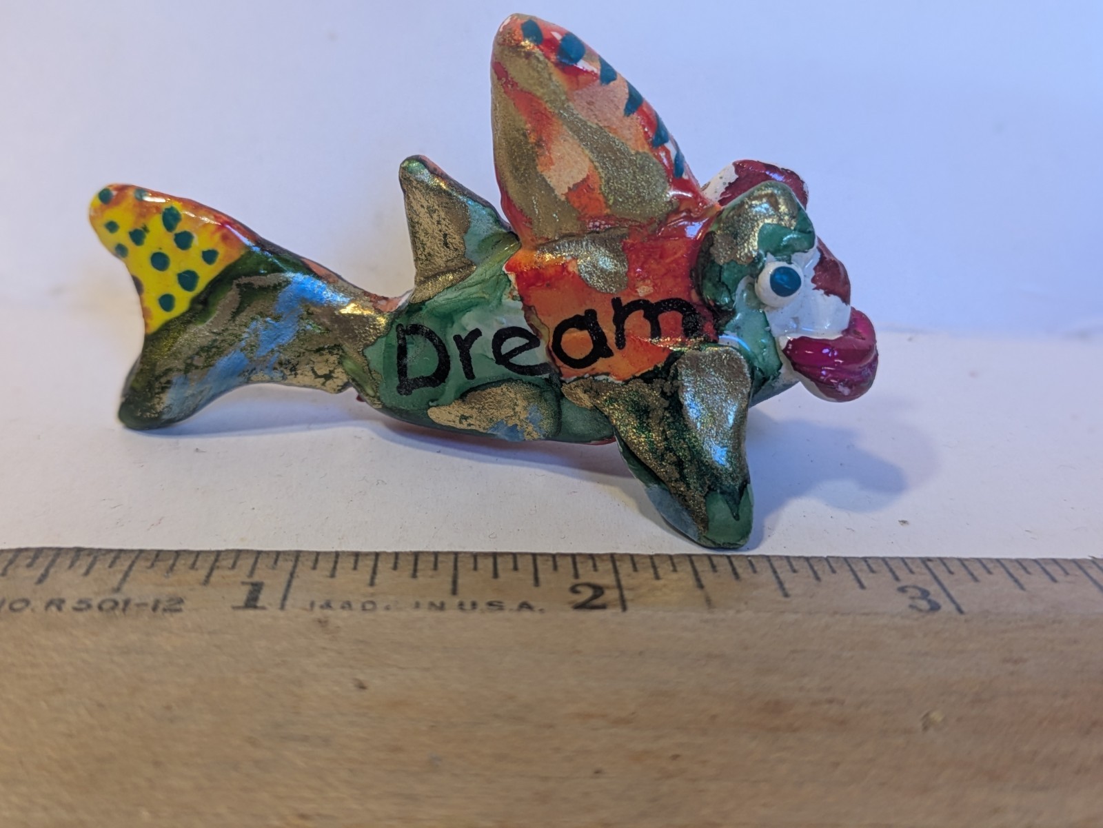 Dream, WhimsiClay Small Bright Multicolor & Gold Fish. Handmade by Amy Lacombe