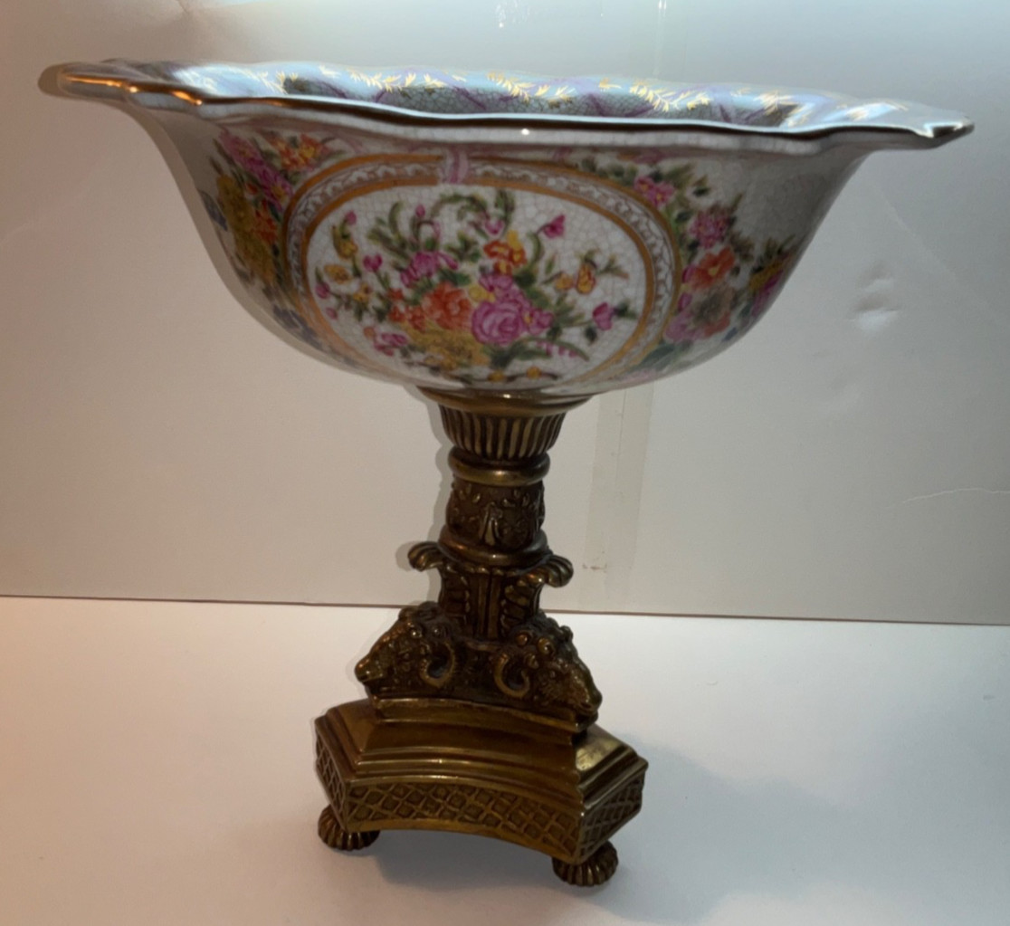 11″ Bronze Ram Footed Ceramic Fruit Bowl Dish Painted Chinese Canton Rose Flower