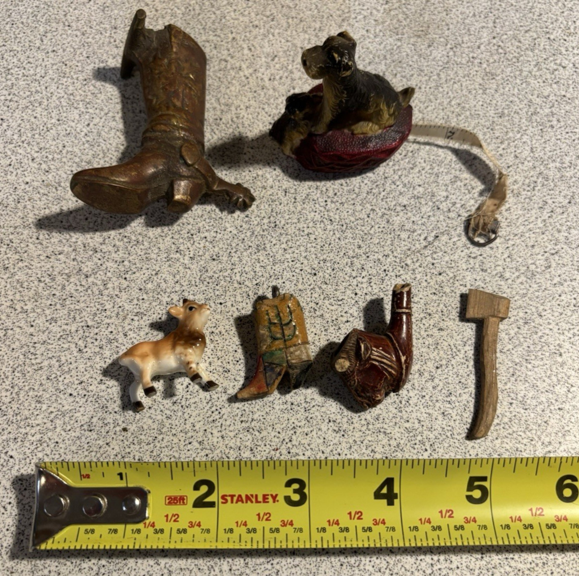 Vintage Mini Western Trinket Lot Boot Horse Dog Cow Pipe Axe Figurines