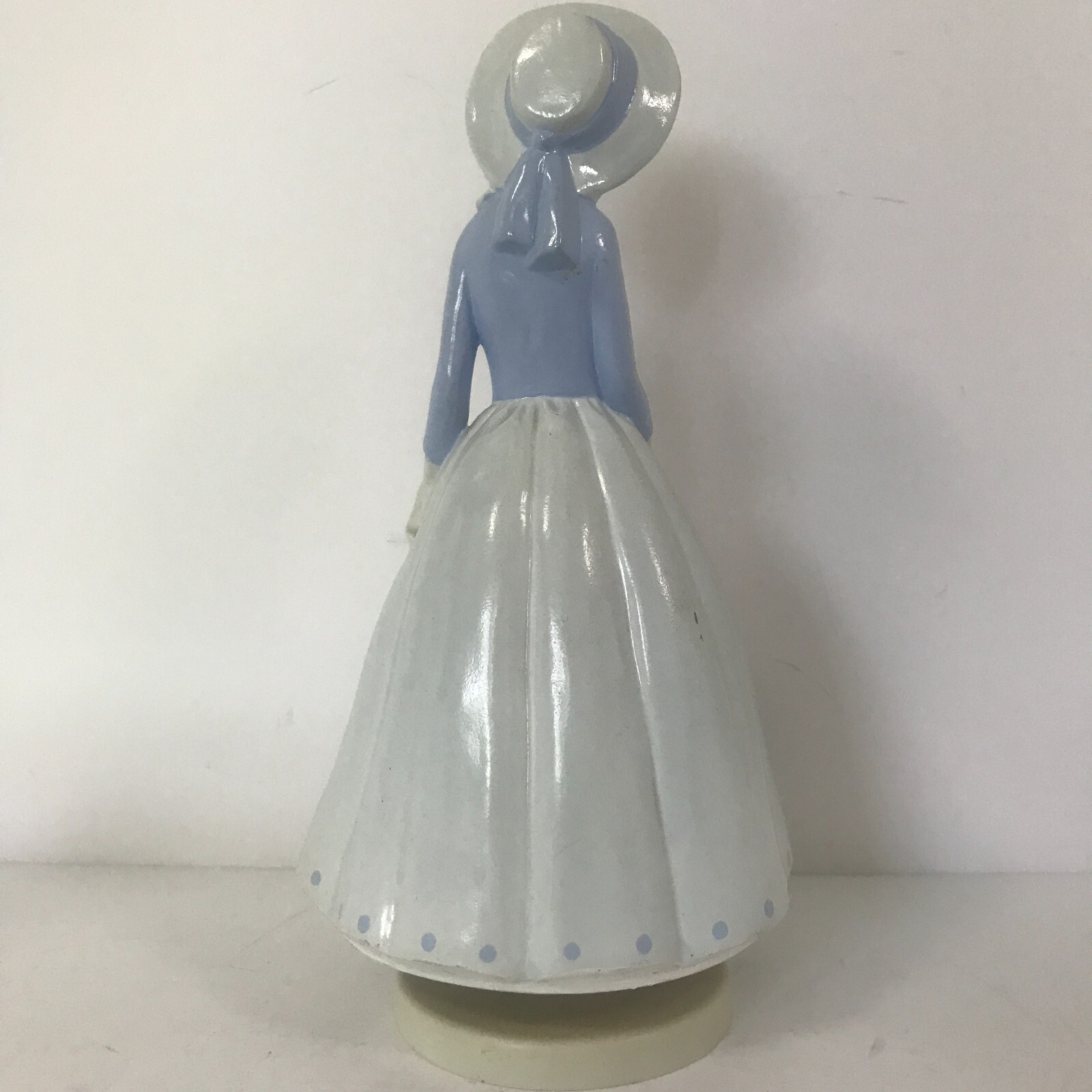 Hand Painted Girl in Blue Dress w Book Figurine Sankyo Japan Rotating Music Box