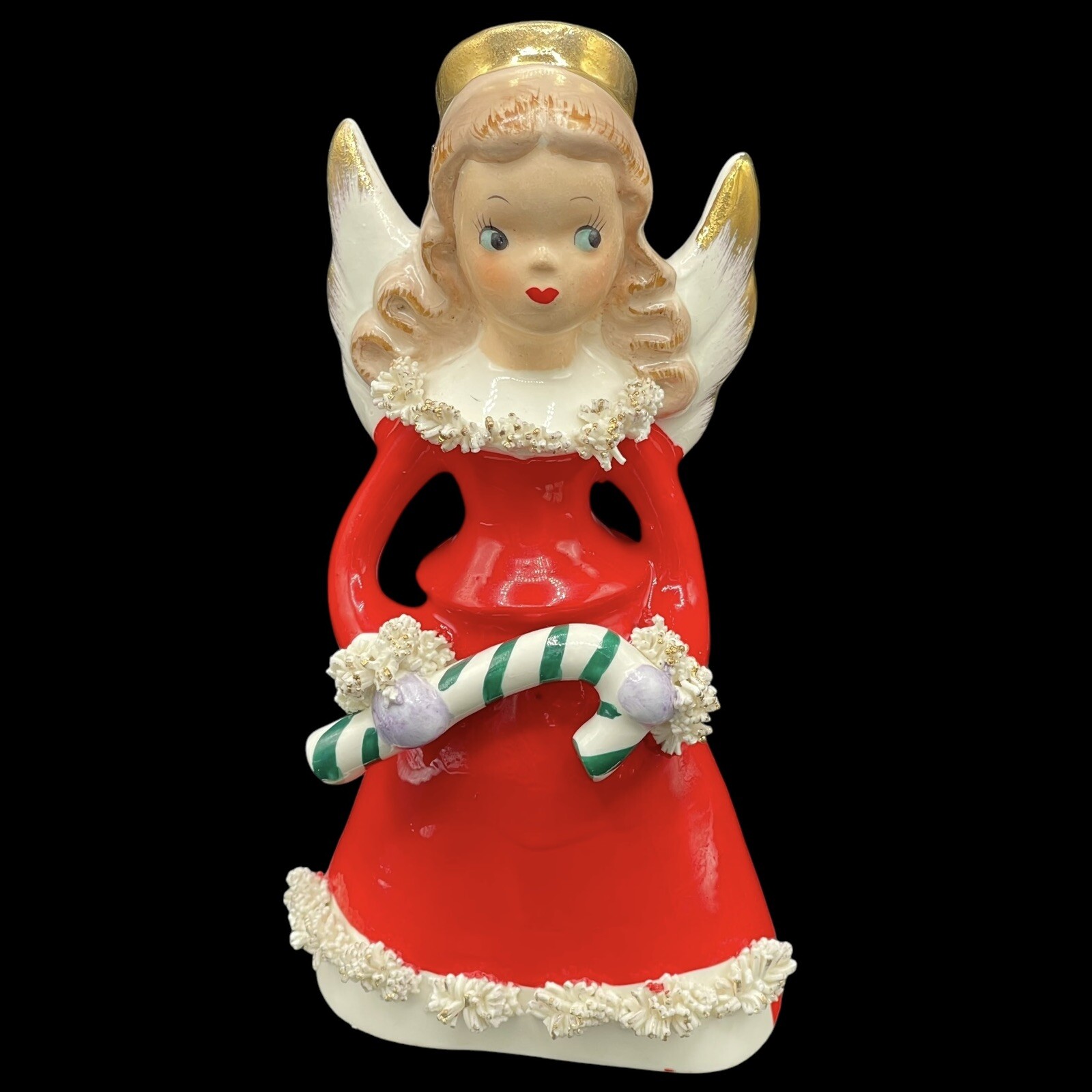 UCAGCO Japan Christmas Angel Bell W/Green Stripe Candy Cane & Spaghetti Trim Vtg