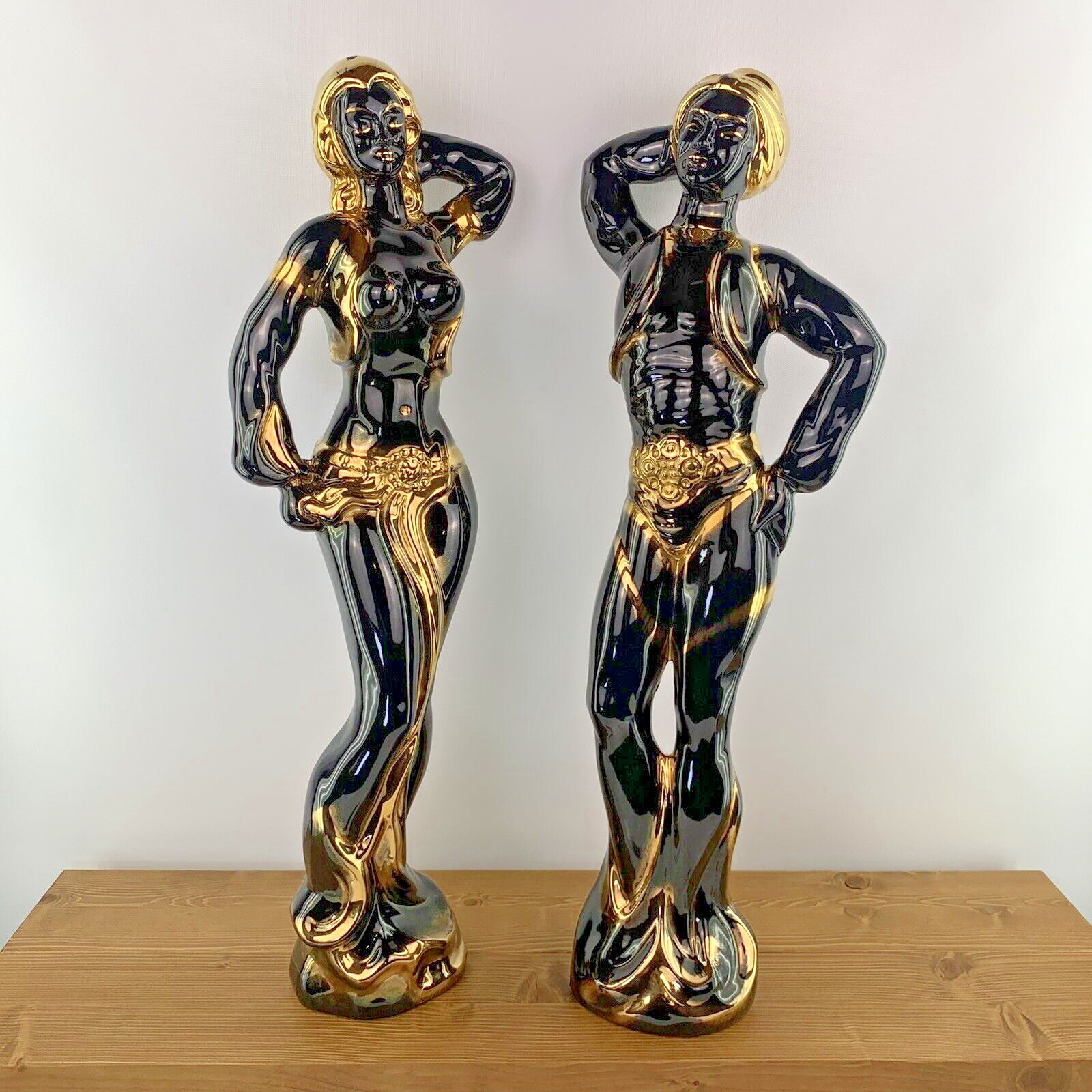 VTG Kitsch Large MCM Black & Gold Ceramic Man & Woman Salsa Dancers 27” Tall