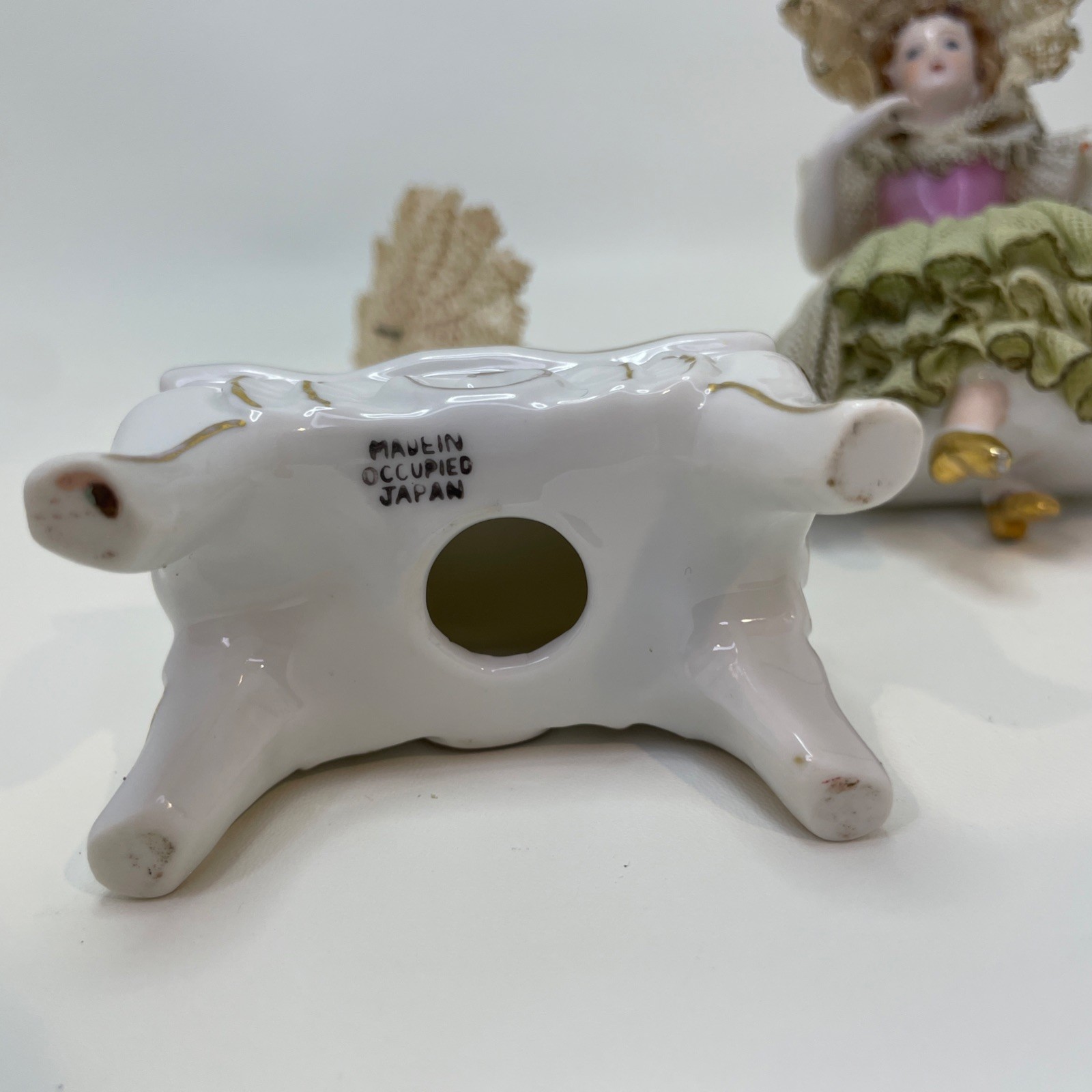 Vintage Porcelain Figurine Lady Fabric Lace Dress Umbrella Parasol Bench Sitter