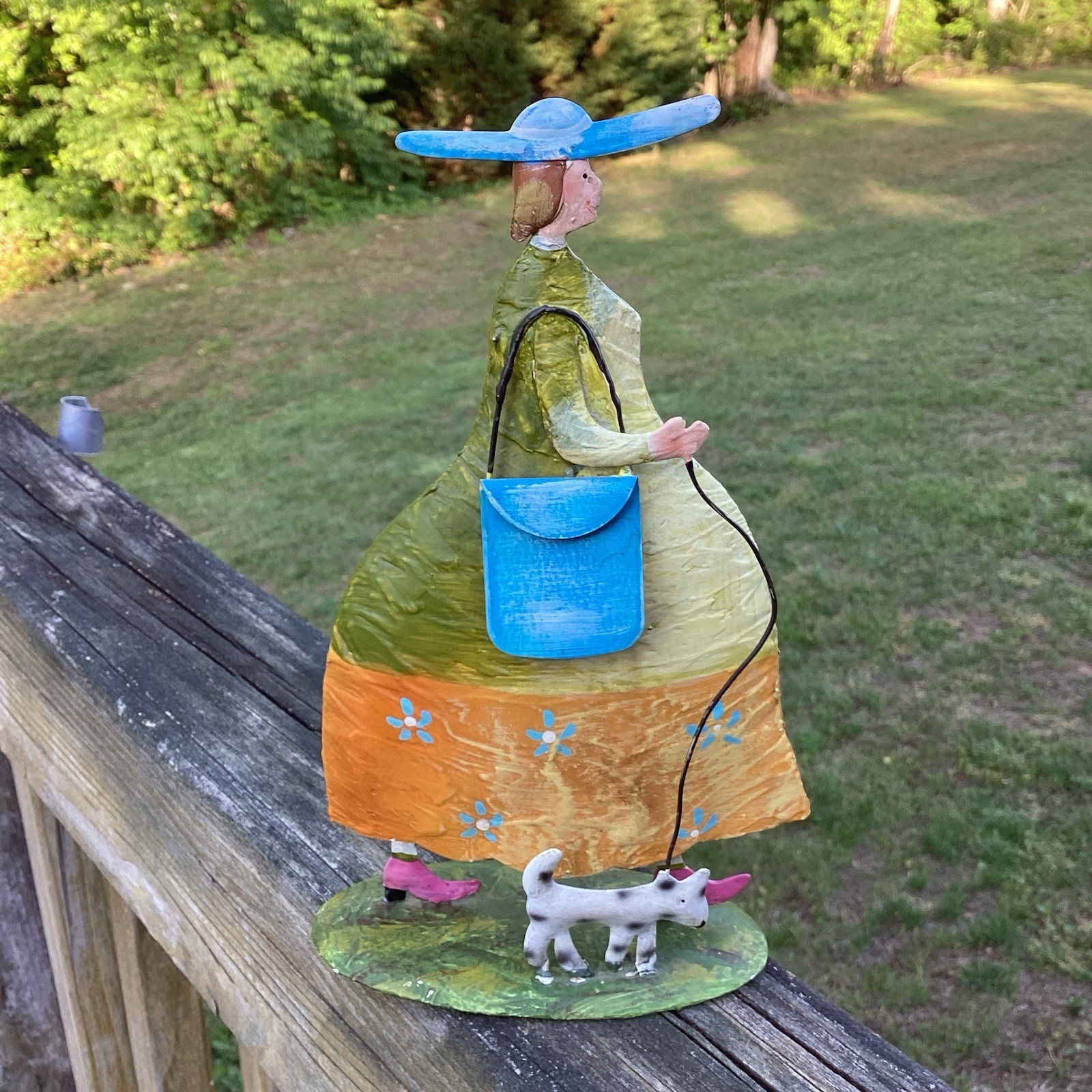 Folk Tin Art Lady Walking Pet 8.5″ x 4.5 Hand Made Pre-Owned EUC